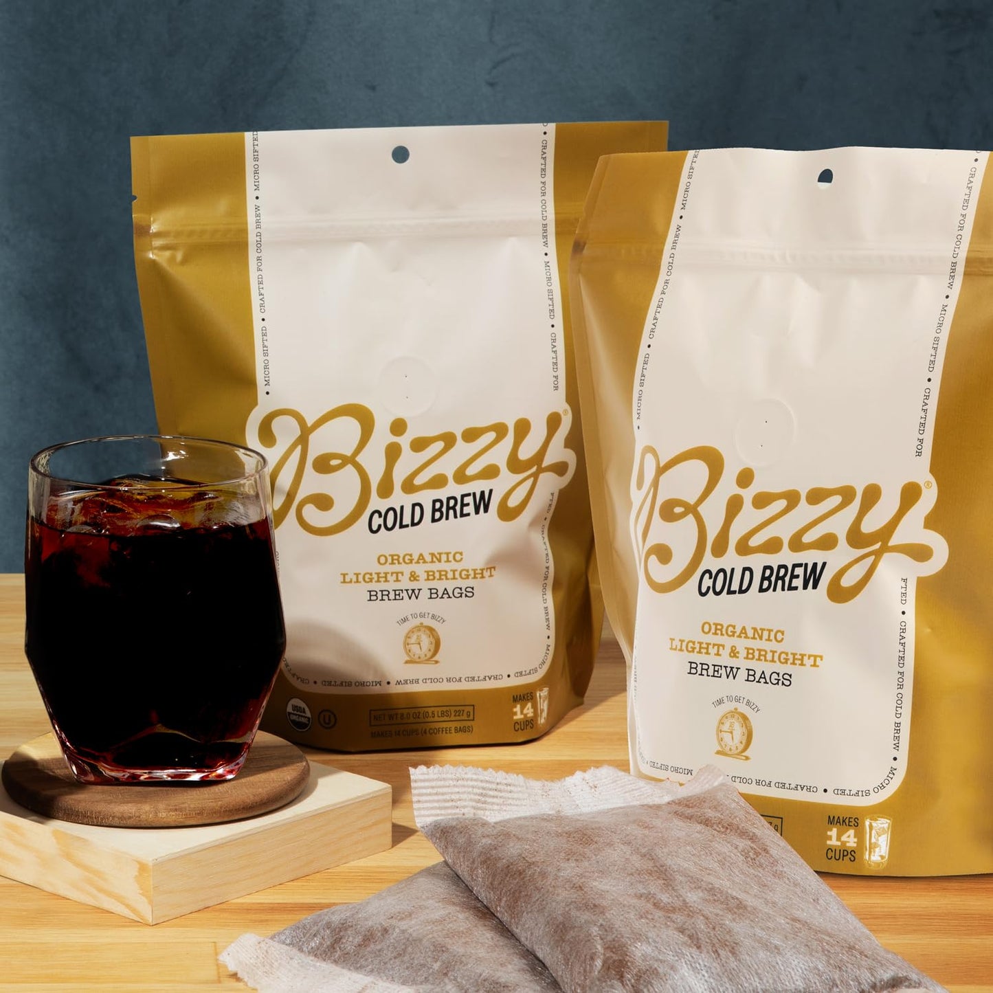 Bizzy Organic Cold Brew Coffee | Light & Bright Blend | Coarse Ground Coffee | Light Roast | Micro Sifted | Specialty Grade | 100% Arabica | Brew Bags | 4 Count | Makes 14 Cups