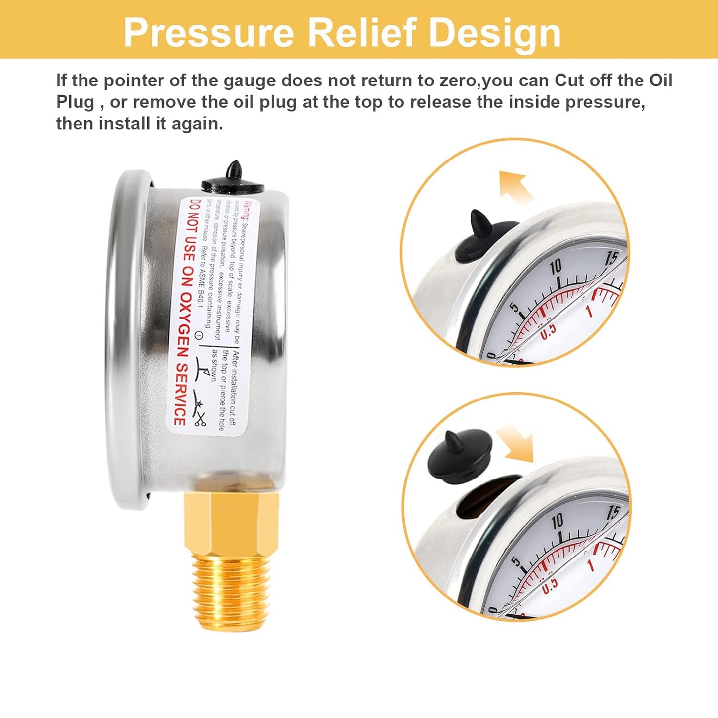 Water Pressure Gauge 2-1/2" Dial Liquid Filled 0-100PSI, Rubber Protective Case, 1/4" NPT Lower Mount, Including 1/4" to 1/8" Thread Adapter and Teflon Tape
