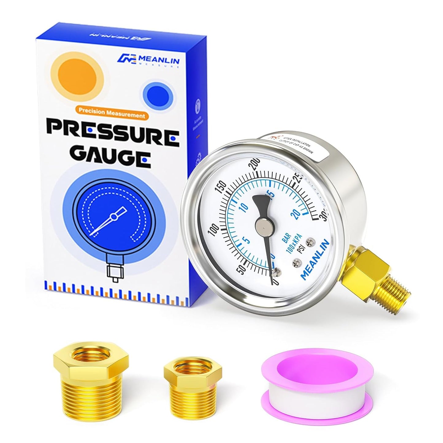 MEANLIN MEASURE 0~300Psi Dry Pressure Gauge Stainless Steel 1/8" NPT 2" FACE DIAL Waterproof for Air Compressor Air Regulator Water Filter Lower Mount, with 1/4" NPT and 3/8" NPT Hex Bushing