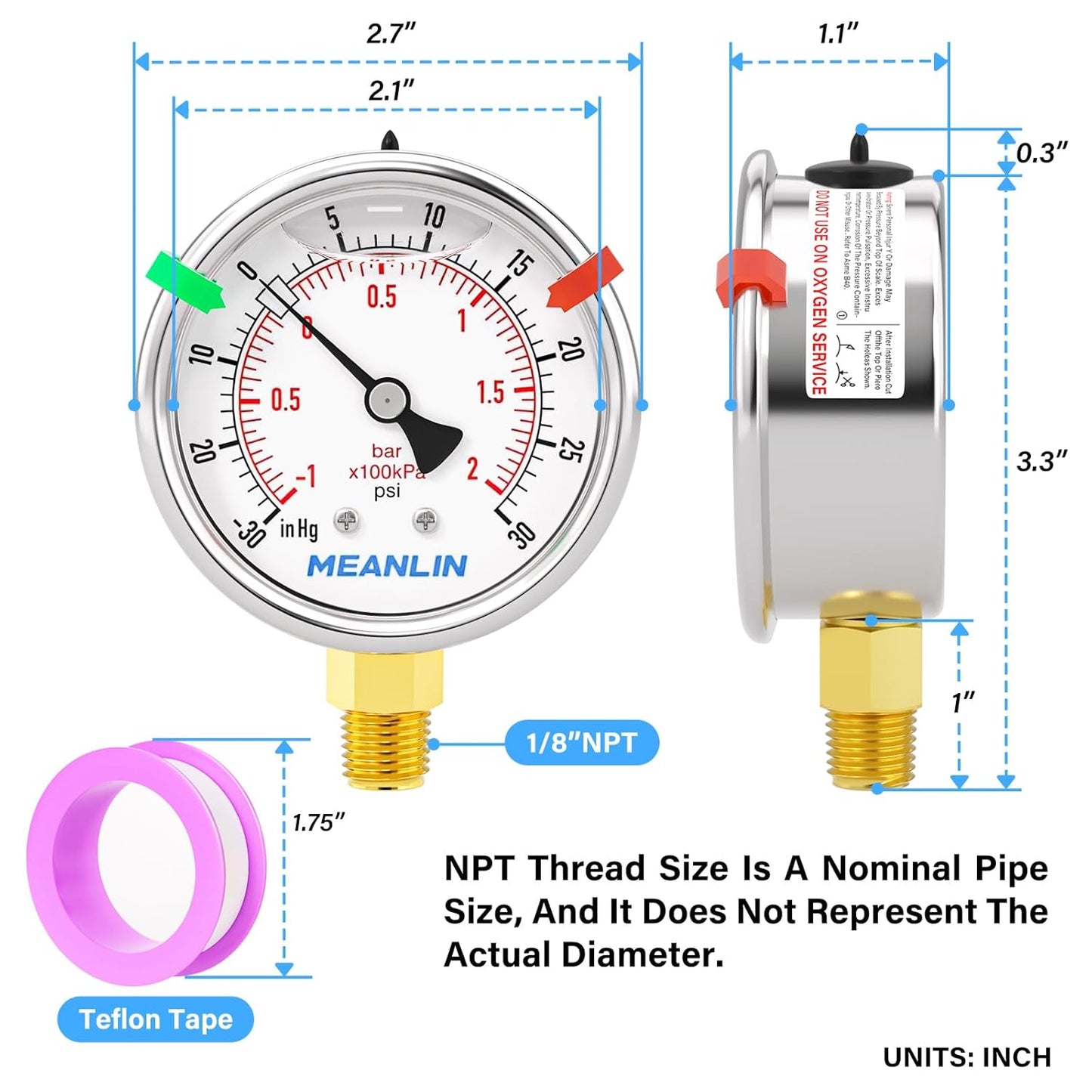 MEANLIN MEASURE -30inHG~30Psi Vacuum Pressure Gauge 1/8" NPT 2.5" FACE DIAL, Stainless Steel Liquid Filled Pressure Gauge WOG Water Oil Air Lower Mount (with 2PCS Snaps)