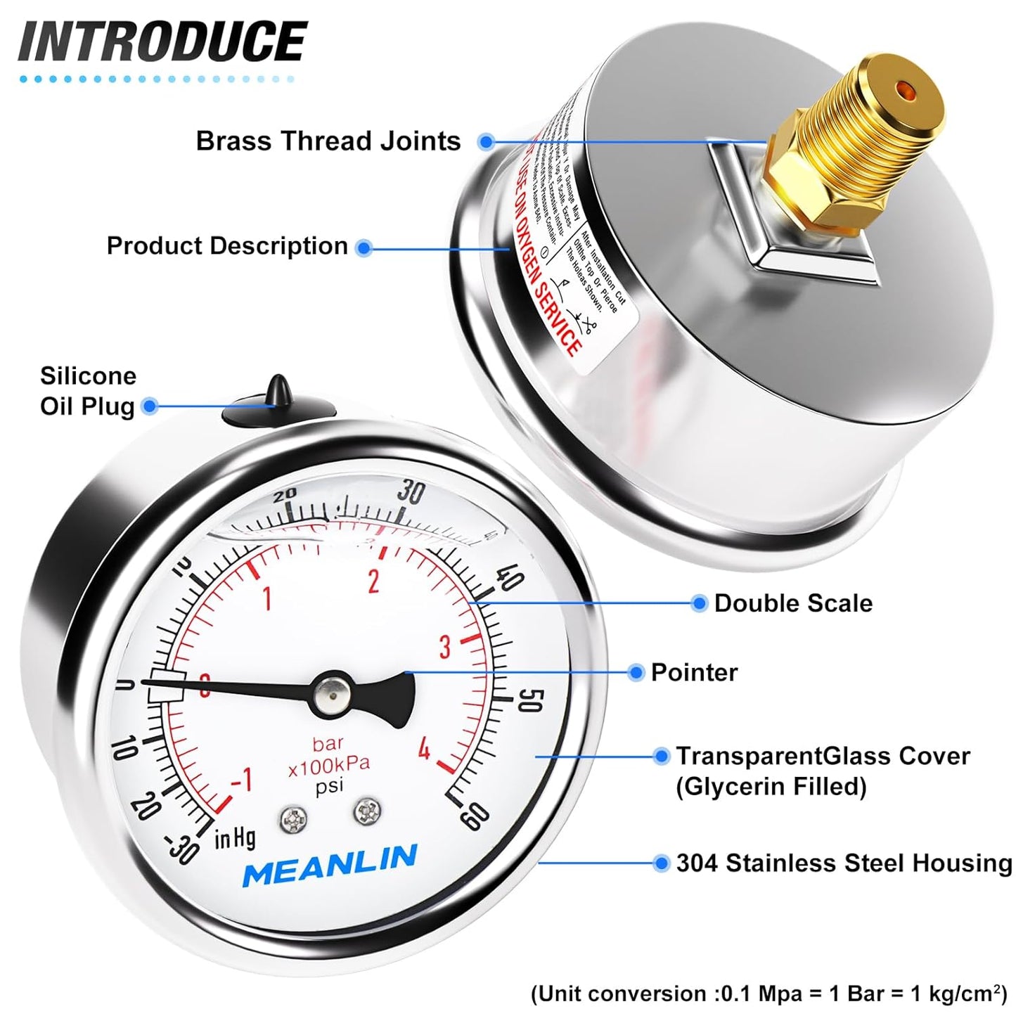 MEANLIN MEASURE -30inHG~60Psi Stainless Steel 1/4" NPT 2.5" FACE DIAL,Vacuum Pressure Gauge,Center Back Mount, with 1/4" x 1/2" NPT and 1/4" x 3/8" NPT Hex Bushing