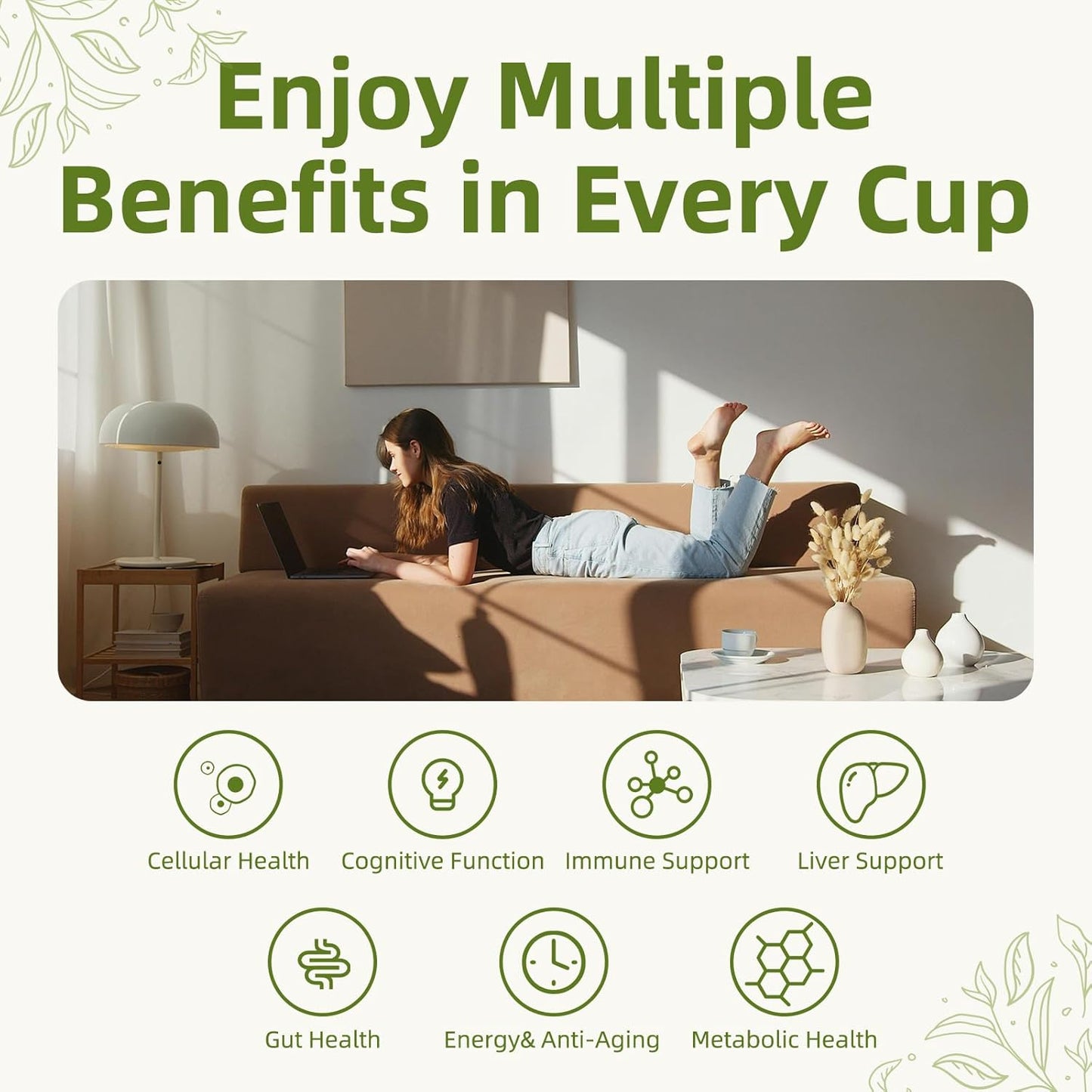 GANOHERB Mushroom Matcha Powder Latte Mix, 7.4 Ounce, 7 Superfood Mushrooms with 25% Beta-Glucans, Lions Mane, Reishi, Chaga, Coconut Powder, Ceremonial Grade Matcha Tea