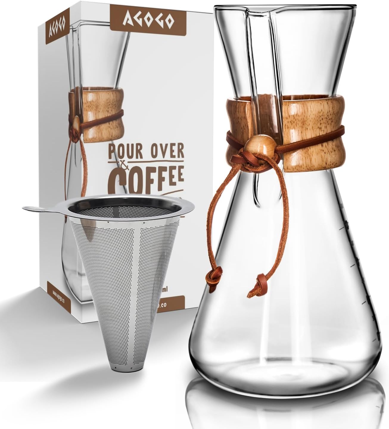 AGOGO Pour Over Coffee Maker Glass - 6/8/10 Cup Barista Kit with 304 Stainless Filter for Home, Office, Camping, Cafes - Easy Clean Coffee Dripper Set (Rag&Brush Included) (6 Cup/20 oz)