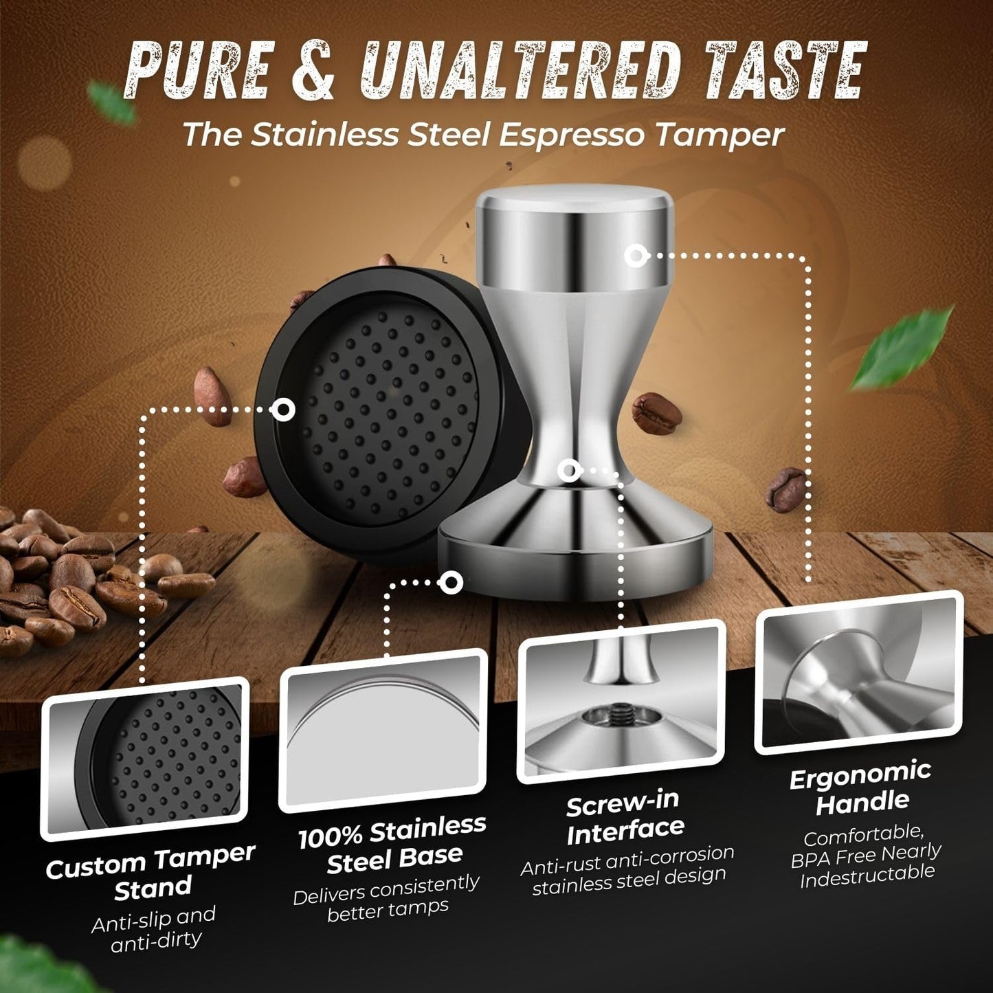 Flexzion Espresso Tamper 51mm Diameter Stainless Steel Coffee Tamper Flat Base Grip Handle Professional Barista Espresso Hand Press Kitchen Accessories, Silver