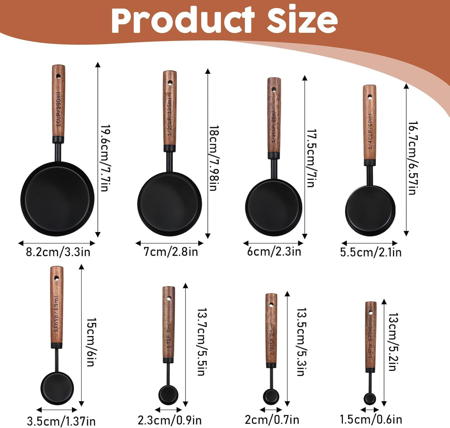 Stainless Steel Measuring Cups Set and Measuring Spoons Wooden Handle Metal Measure Cups and Spoons for Cooking and Baking, 8 Piece