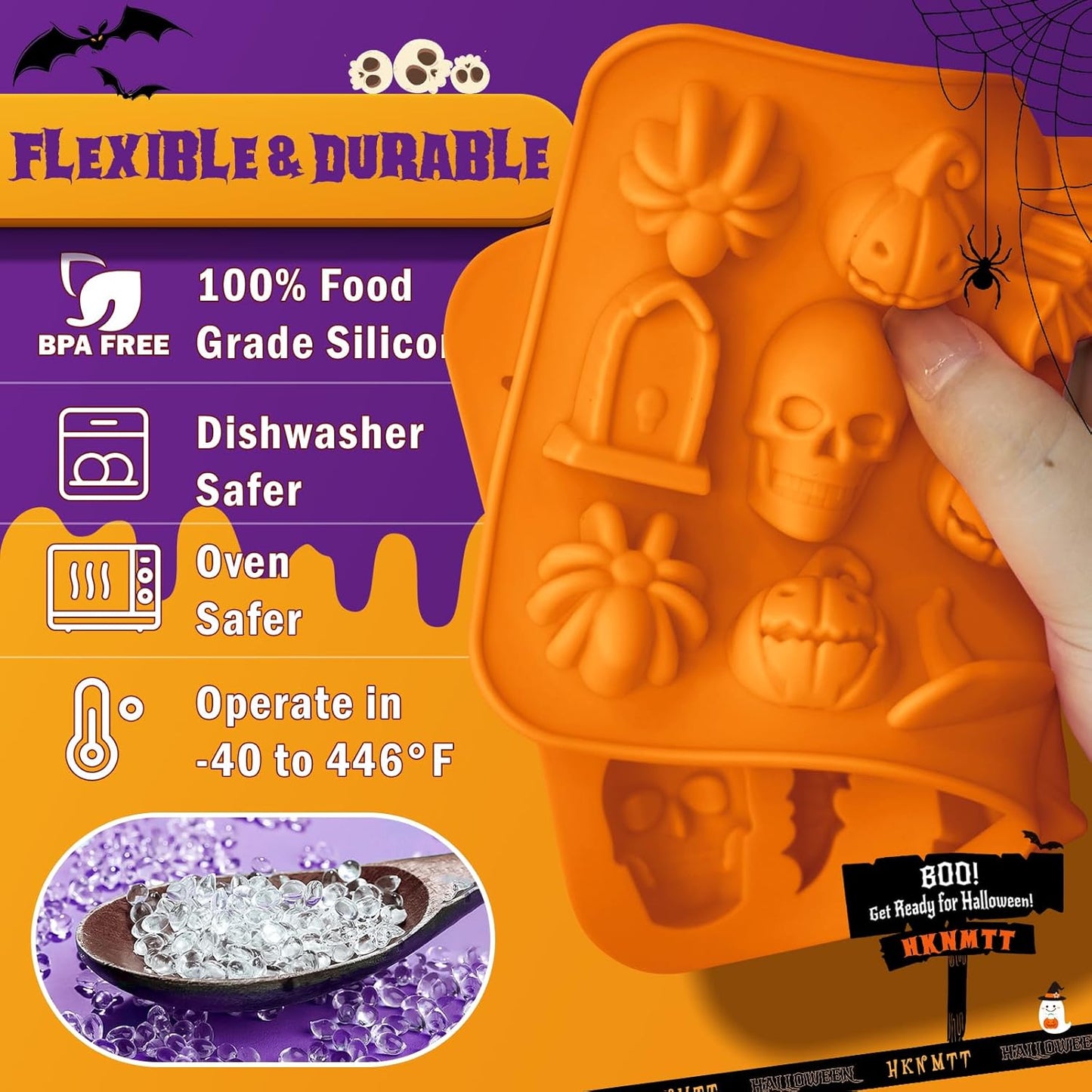 Halloween Molds Silicone for Chocolate 4 Pack, 3D Halloween Chocolate Candy Gummy Mold Skull Pumpkin Bat Ghost Witch Hat Spider tombstone Shapes Mold
