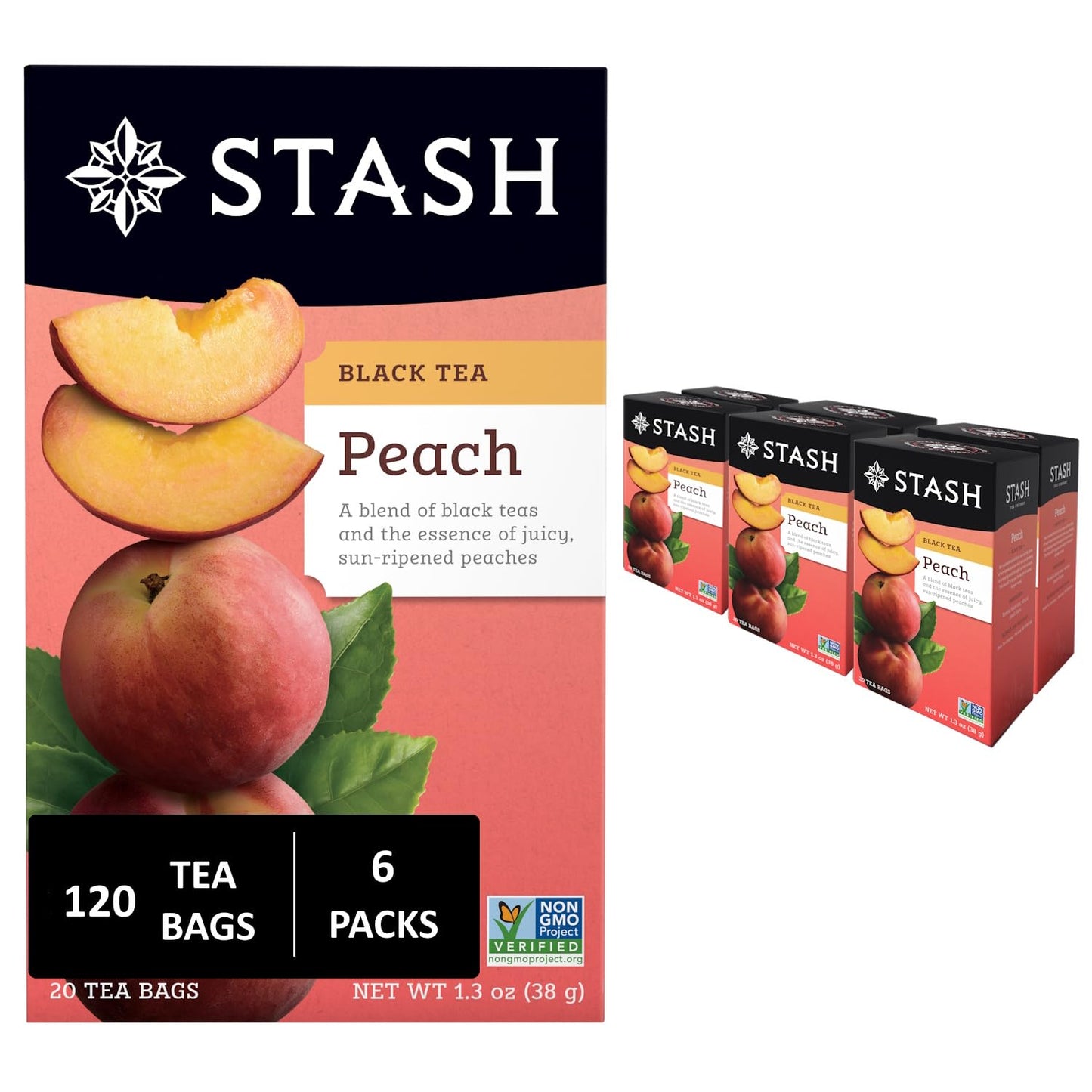 Stash Tea Peach Black Tea, 6 Boxes With 20 Tea Bags Each (120 Tea Bags Total)