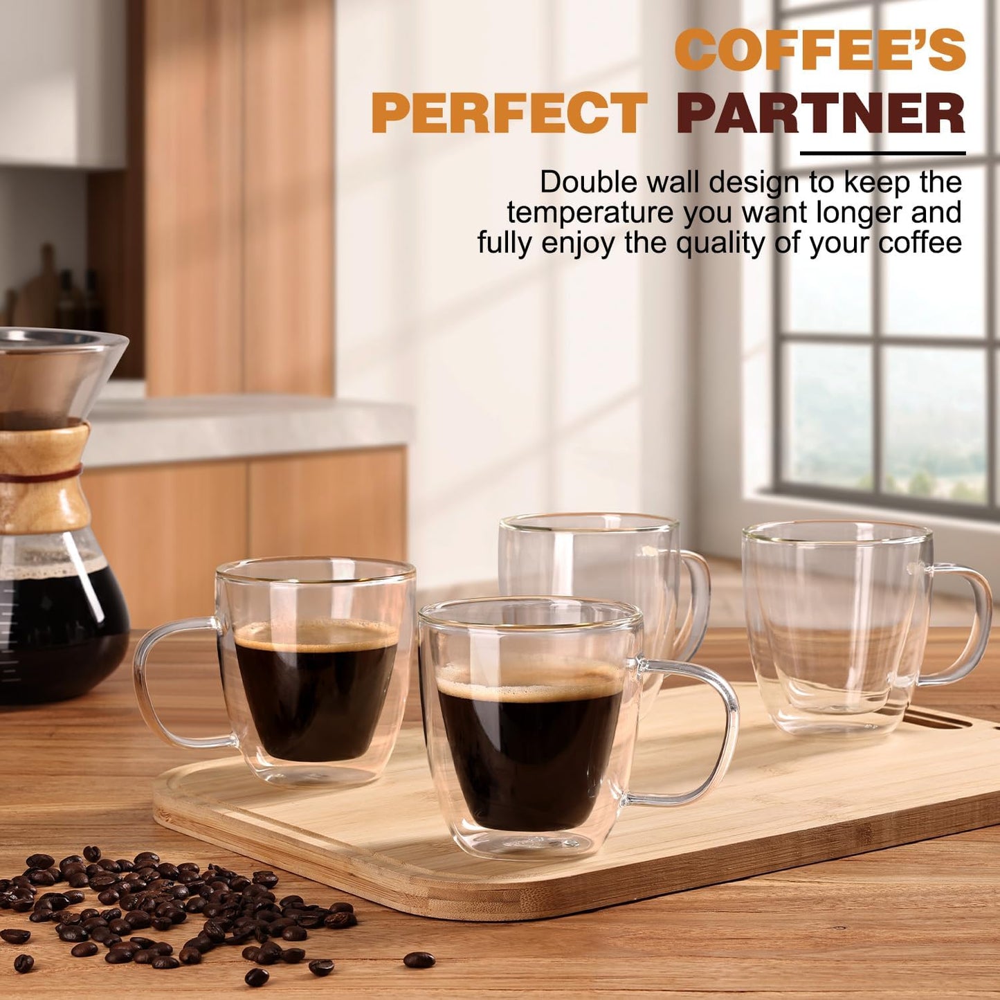 Espresso Cups Set of 4, Double Wall Hand Blown 5.5OZ Espresso Shots Glass, Coffee Mugs with Handle Perfect for Cappuccino, Latte, Tea