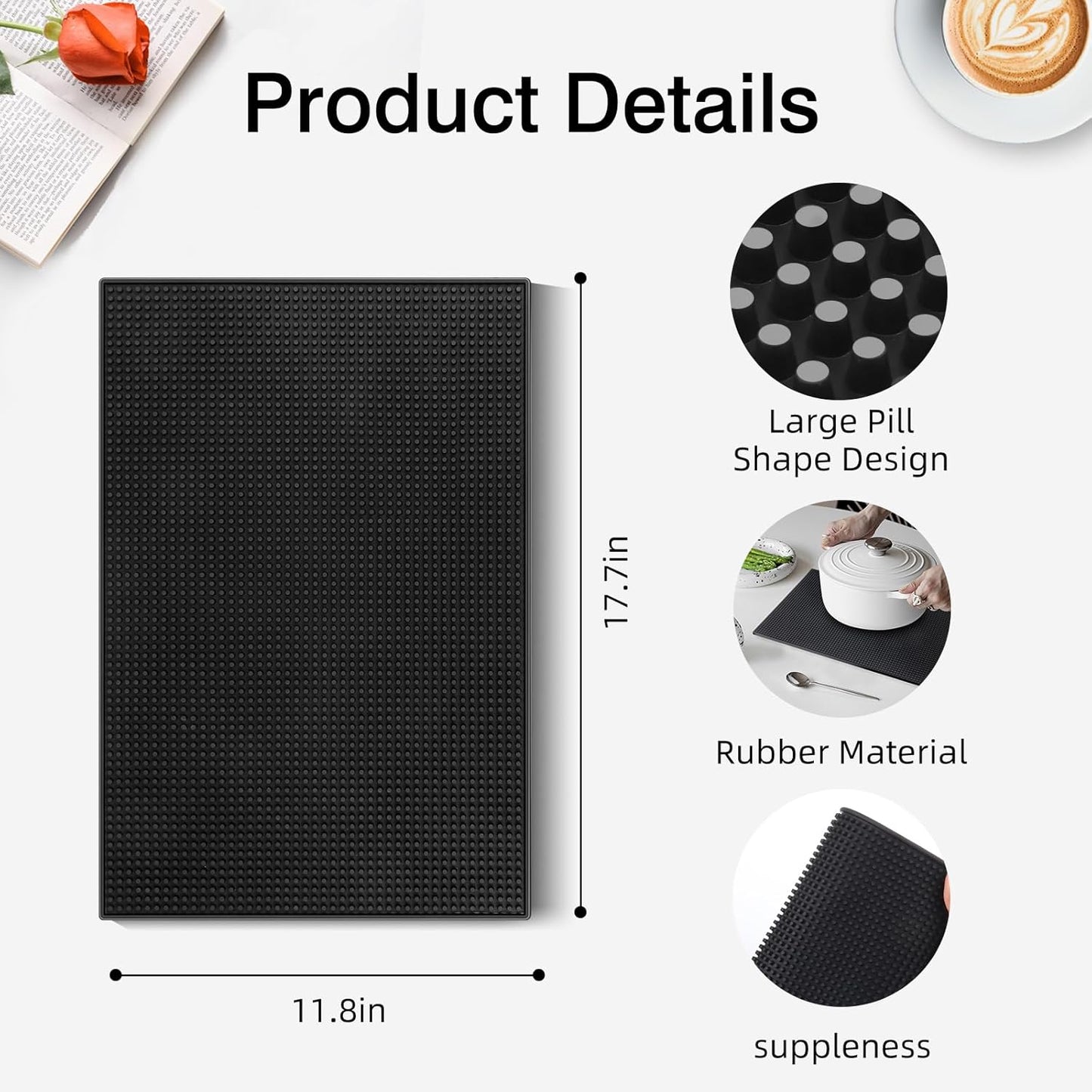 4 Pcs Bar Mats for Countertop 18 x 12 Inch Rubber Silicone Bar Drying Coffee Non Slip Mat for Bartending Home Cocktail Bars Restaurants (Black)