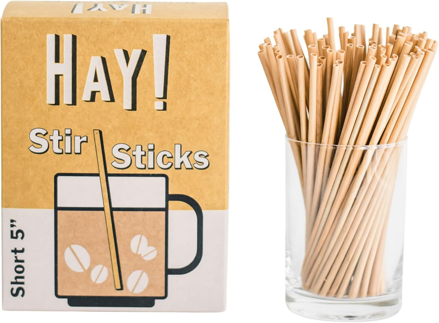 HAY! Stir, Natural coffee stir sticks, fully compostable made from wheat stems, our stir sticks are ideal for hot and cold beverages, 5’' pack of 500