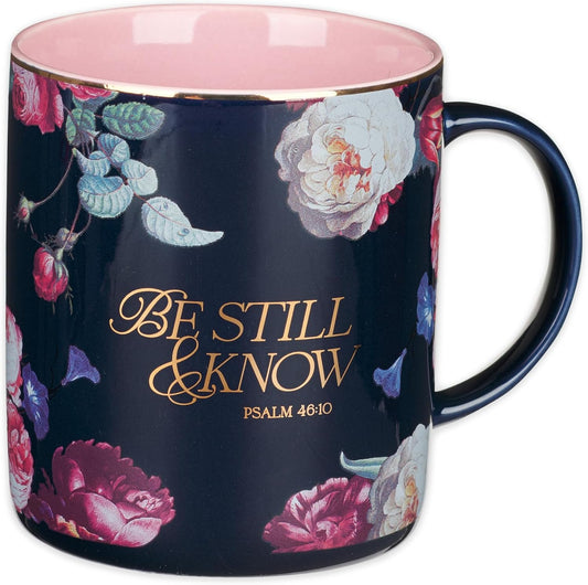 Christian Art Gifts Large Ceramic Inspirational Scripture Coffee & Tea Mug for Women: Be Still & Know Encouraging Gold Bible Verse, Lead/Cadmium Free Cute Drinkware, Dark Navy Blue/Pink Floral, 14 oz.