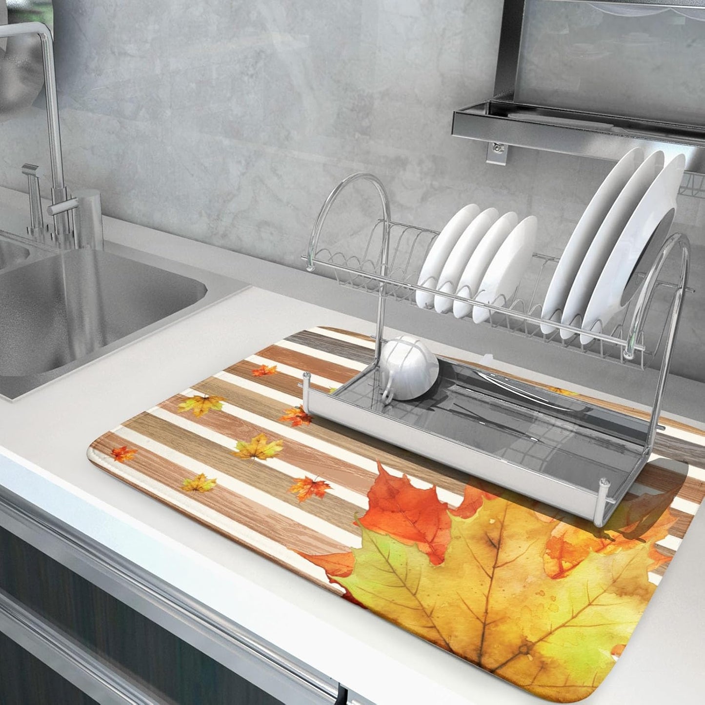 Autumn Golden Maple Leaf Dish Drying Mat for Kitchen Counter,Rural Wood Light Brown Stripes Drying Mat 18 x 24 Inch Microfiber Dish Drying Pad Dish Rack Drainer Mat for Coffee Bar