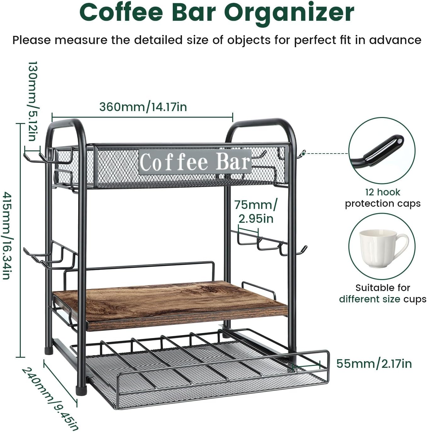 Coffee Bar Organizer, Station Mug Holder for Countertop, Multi-Functional 3 Tier Coffee Cup Tree Rack for Kitchen, Storage Shelf with 10 Hooks, K Cup Pod Organizer Drawer for Home Office