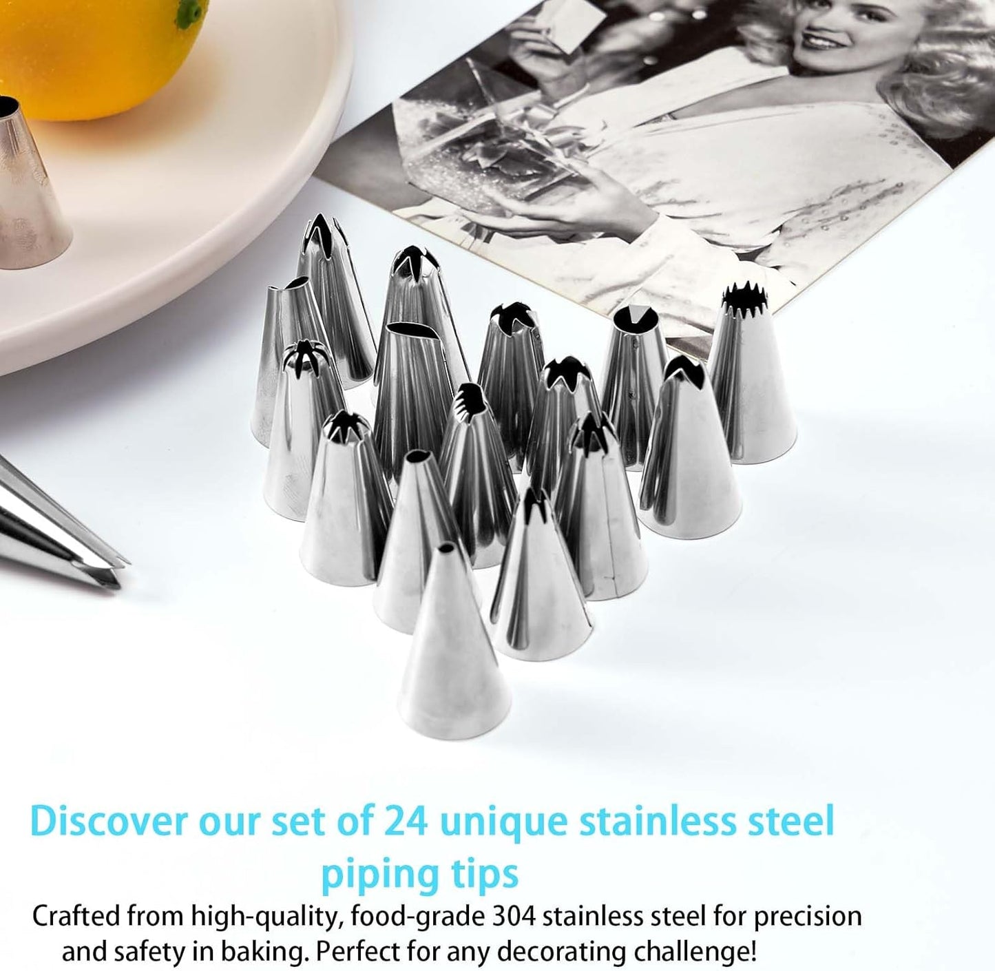 34-Piece Cake Decorating Kit – Piping Bags and Tips Set with 24 Stainless Steel Tips, 2 Reusable Silicone Piping Bags, 3 Smoothers, 2 Couplers, 2 Bag Ties, and 1 Brush for Baking & Cake Decorating