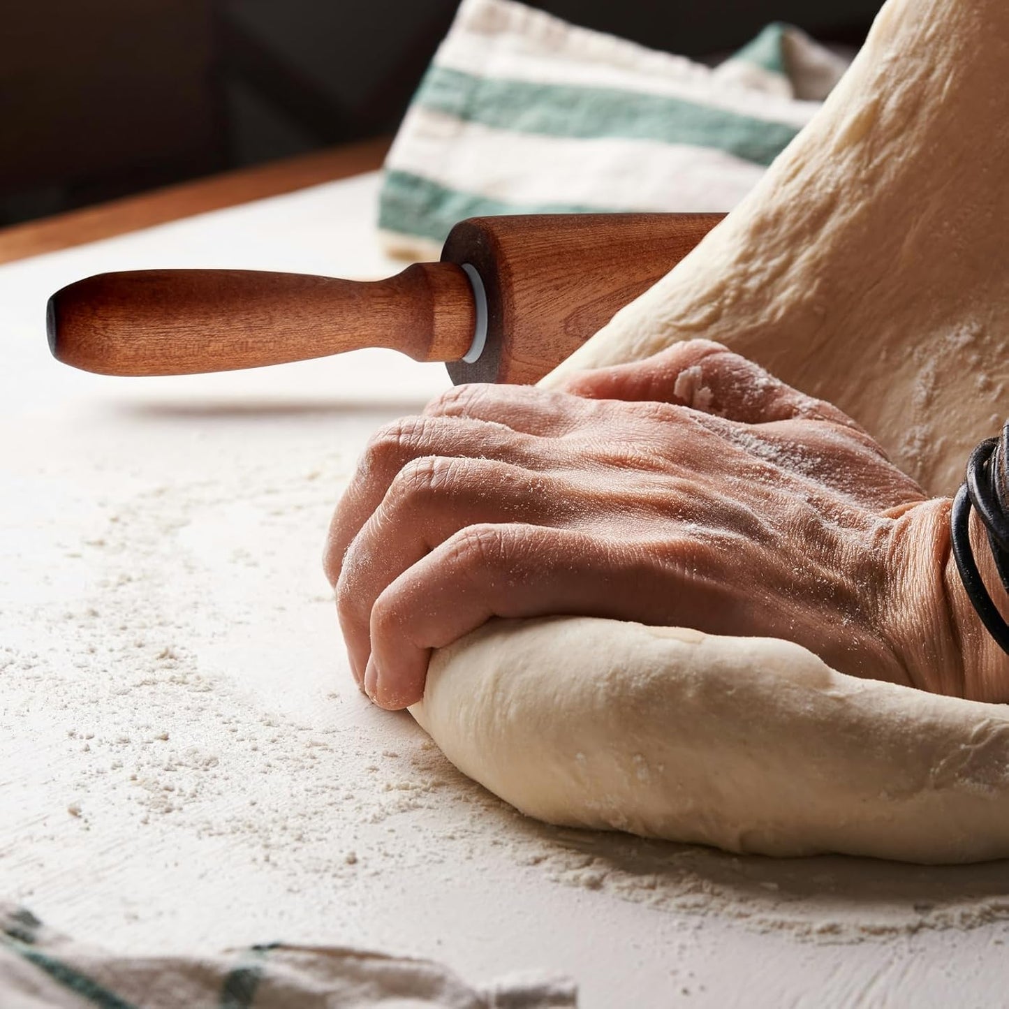 Classic Sapele Wooden Rolling Pin With Handles,Wood Baking Roller （17''L x 1.77"W)