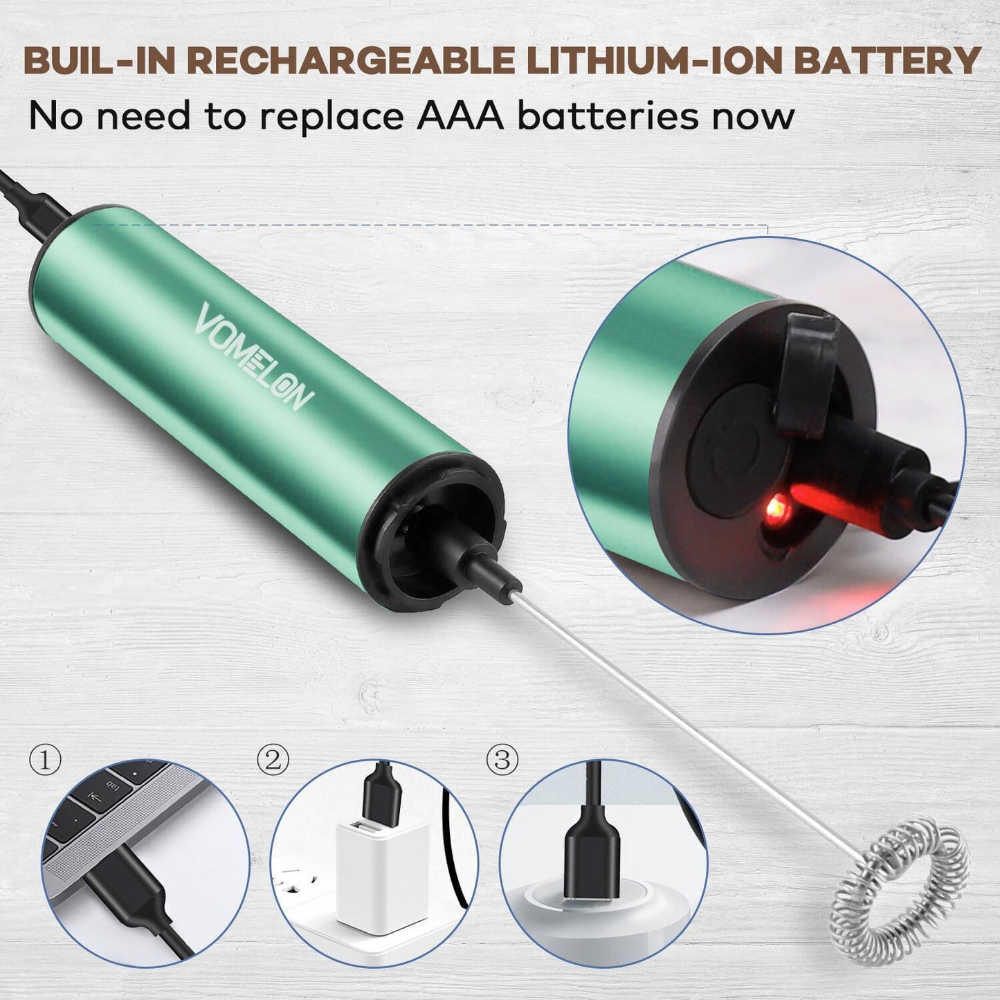 Milk Frother, Rechargeable Battery Operated Frother for Coffee,Portable Drink Mixer with 2 Stainless Steel Whisk Heads,Milk Foamer for Keto Coffee, Latte, Cappuccino, Hot Chocolate,Light Blue