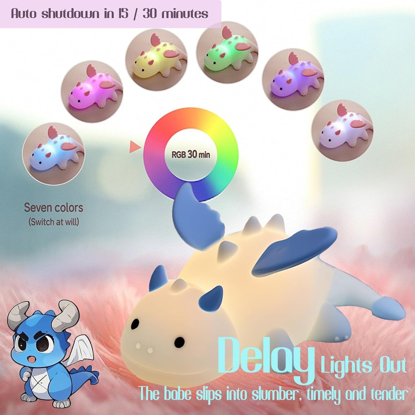 Dragon Night Light, Cute Baby Dragon Gifts, Soft Silicone Lamp with 3 Level Warm Light and RGB Changing, Breastfeeding Nursery Portable Kawaii Bedside Lamp for Baby, Toddler, Boys and Girls