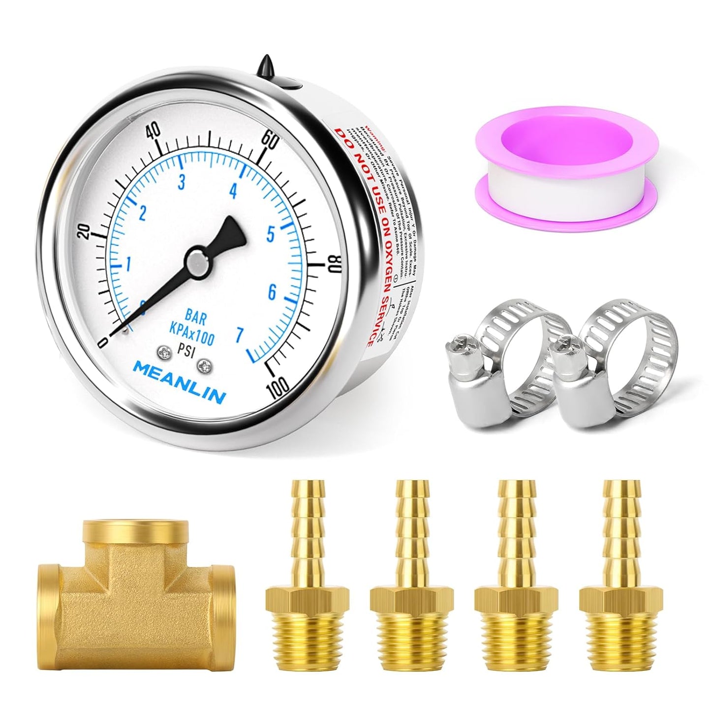 MEANLIN MEASURE 0-100Psi Stainless Steel Liquid Filled Pressure Gauge 1/4" NPT 2.5" FACE DIAL, with 1/4" 5/16" Barbed, WOG Water Oil Air (9Pieces KIT, Back Mount)