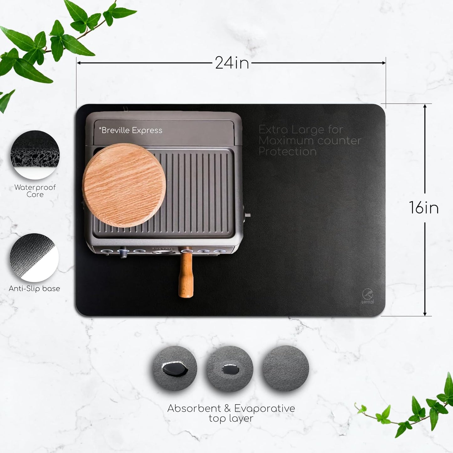 Ternal Coffee Bar & Dish Drying Mat | Rubber-Backed, Anti-Slip Absorbent Mat for Kitchen Counter | Fits Under Coffee Maker, Machine, or Dish Rack | Large Size 24"x16"