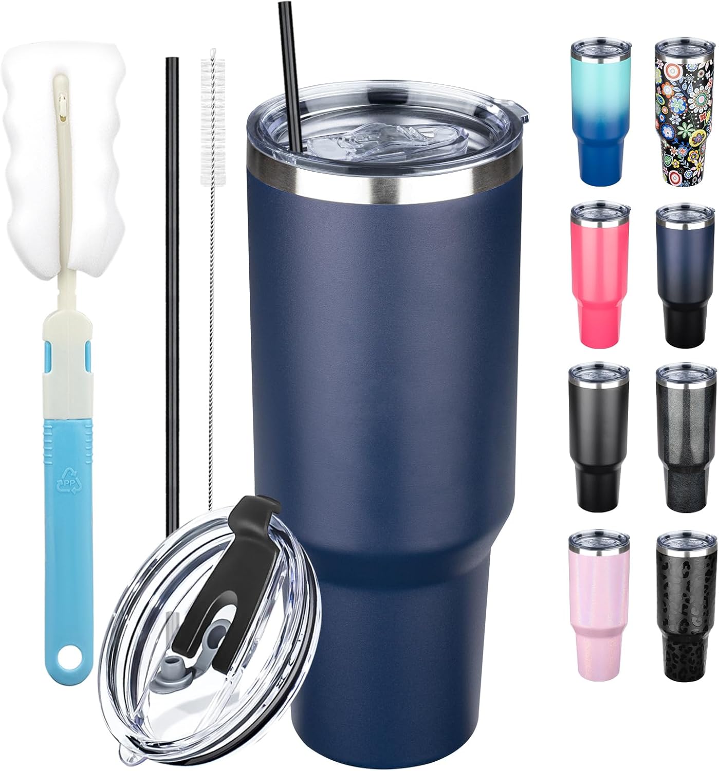 40 oz Tumbler with Lids and Straws, Stainless Steel Insulated Coffee Tumbler, Double Wall Vacuum Insulated Travel Mug Cup, Leakproof Thermal Coffee Cup for Hot and Cold Drinks (Navy Blue)