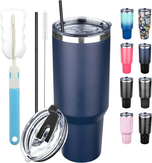 40 oz Tumbler with Lids and Straws, Stainless Steel Insulated Coffee Tumbler, Double Wall Vacuum Insulated Travel Mug Cup, Leakproof Thermal Coffee Cup for Hot and Cold Drinks (Navy Blue)