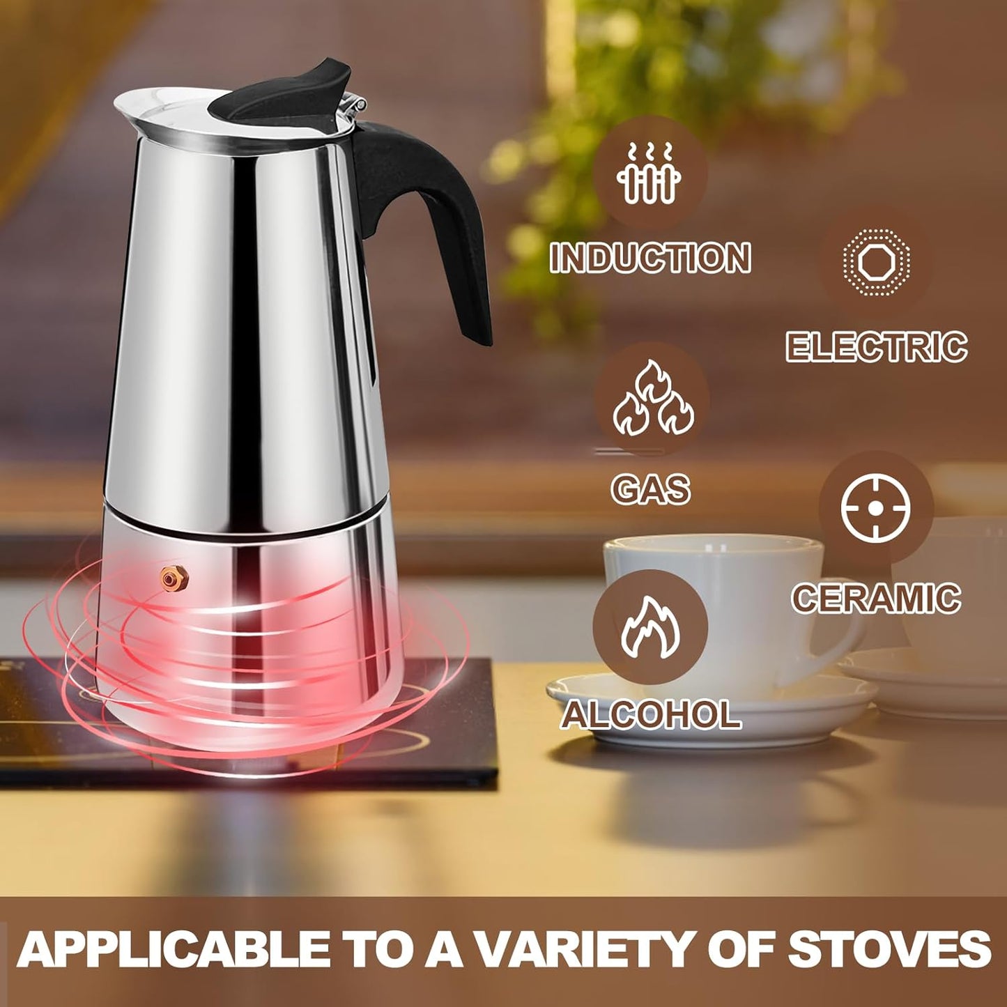 4 Cup Stovetop Espresso Maker Stainless Steel Moka Pot Stove Top Percolator Italian Coffee Makers Capable Mocha Greca Machine Cafe Classic Induction Cookers for Home and Camping 200ml 6.6oz