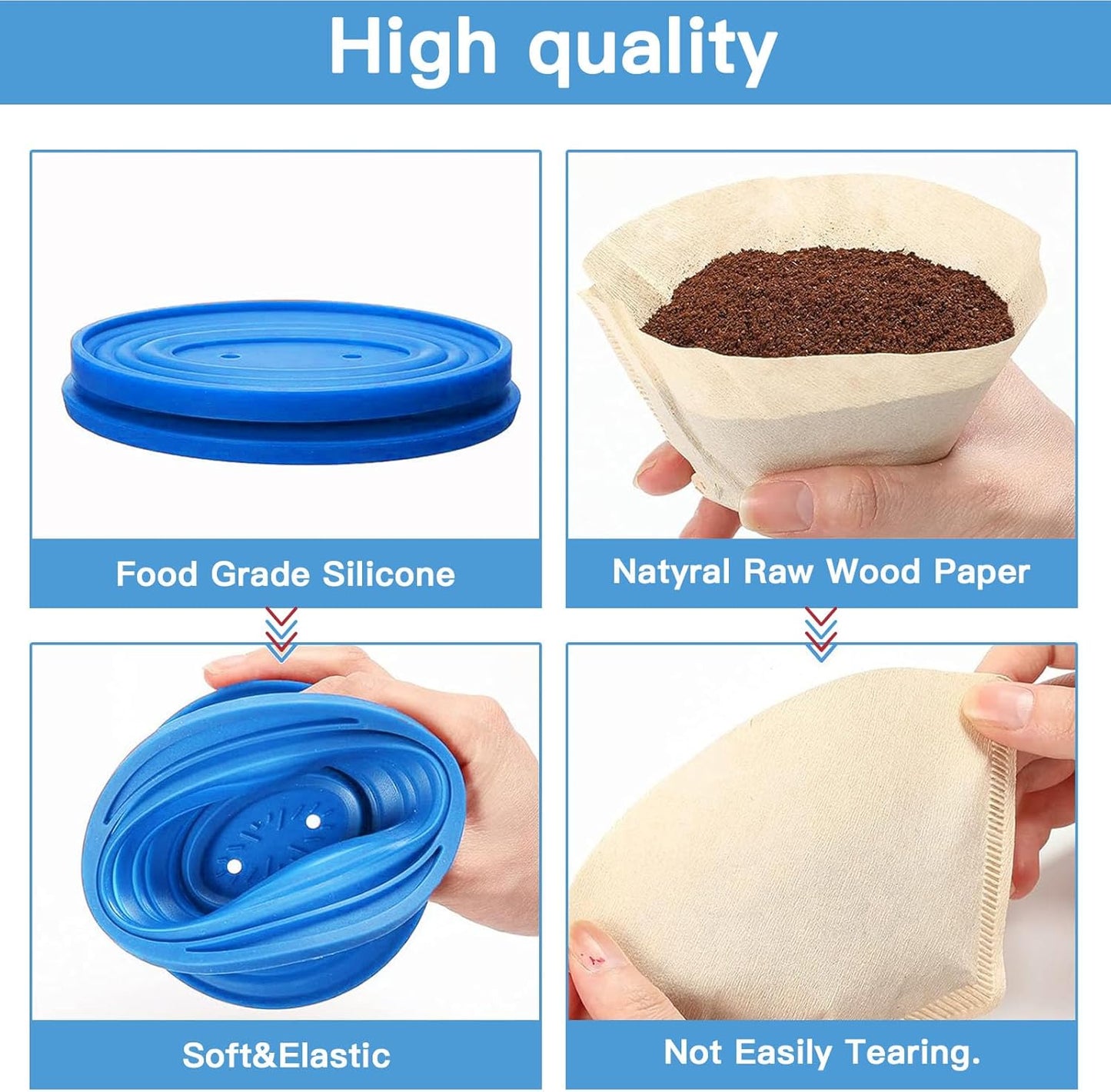 Collapsible Pour Over Coffee Dripper Set - Silicone Reusable Cone Filter Holders with 100Pcs Paper Filters - For Home, Camping, Travel, Office (1, Blue)