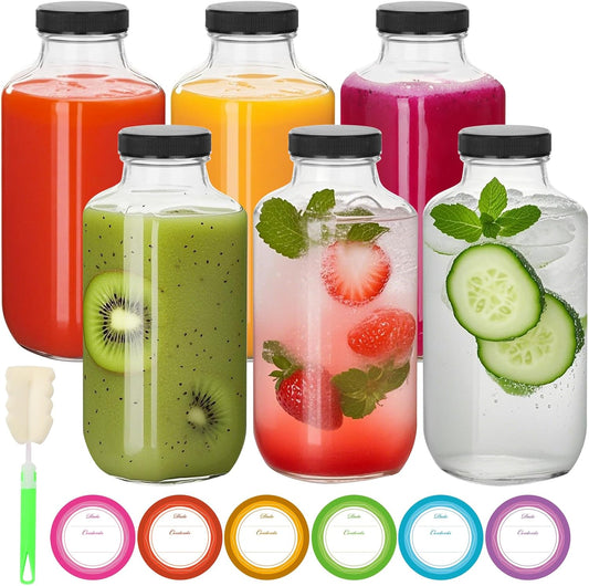 BIGIVACA 16 oz Glass Juice Bottles with Lids,6 PACK Bottles for Juicing,Square Drinking Jars Glass for Coffee,Cola,Milk,Tea in Travel,Work,School