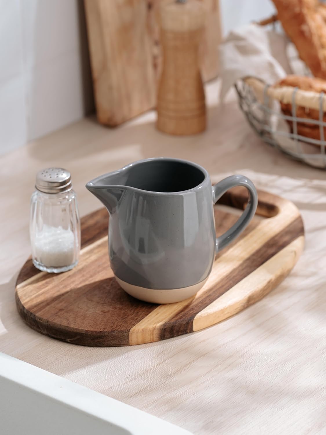 famiware Milkyway 13oz Creamer with Handle, Ceramic Coffee/Milk/Sauce/Serving/Salad Pitcher Jug, Stoneware Maple/Syrup Dispenser, Milk Frother Cup, Microwave and Dishwasher Safe, Dark Gray