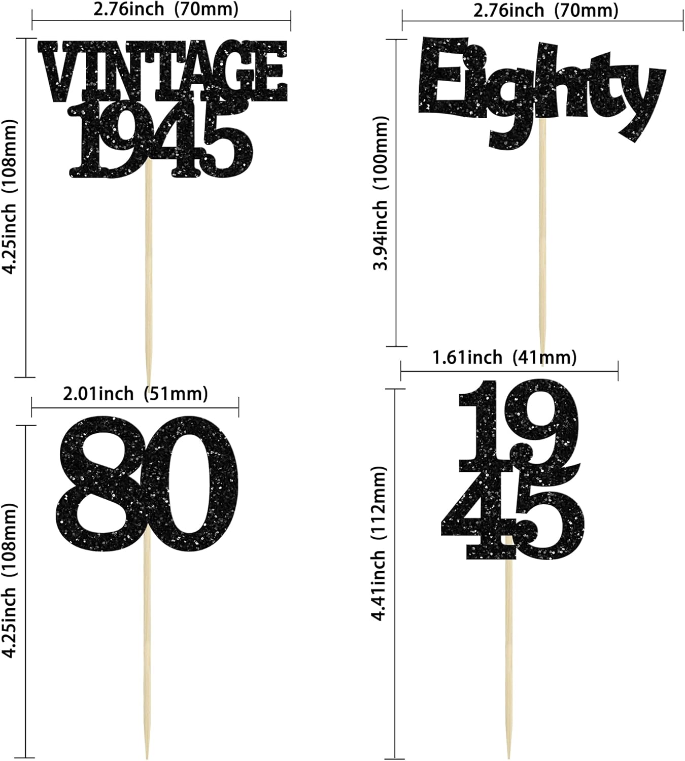 Gyufise 24Pcs Vintage 1945 Cupcake Toppers Glitter Cheers to 80 Fabulous Eighty Cupcake Picks 80th Birthday Wedding Anniversary Party Cake Decorations Supplies Black