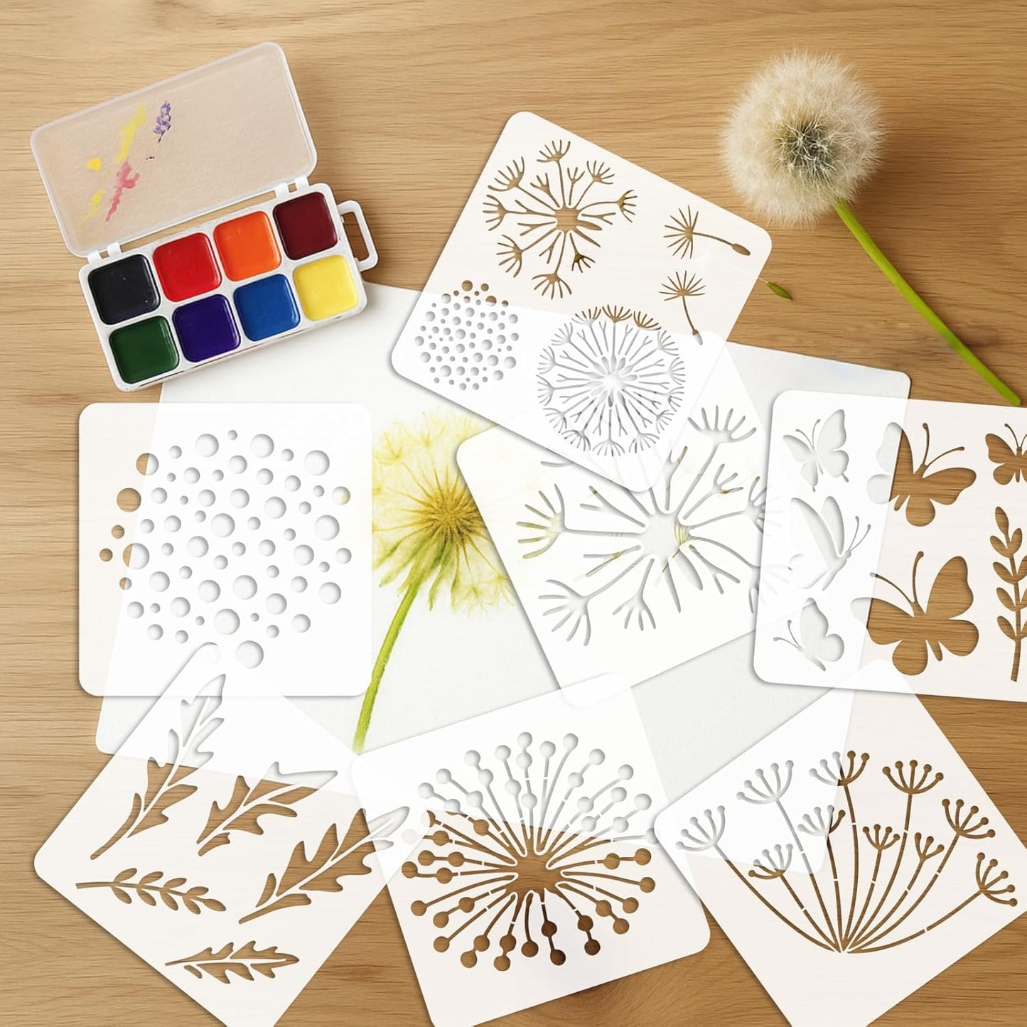 12PCS Large Flower Stencils for Painting 12 x 12 Inch Dandelion Stencil with Brushes Dandelion Floral Stencils for Wood Fence Butterfly Paint Template for Walls Garden Fence Furniture