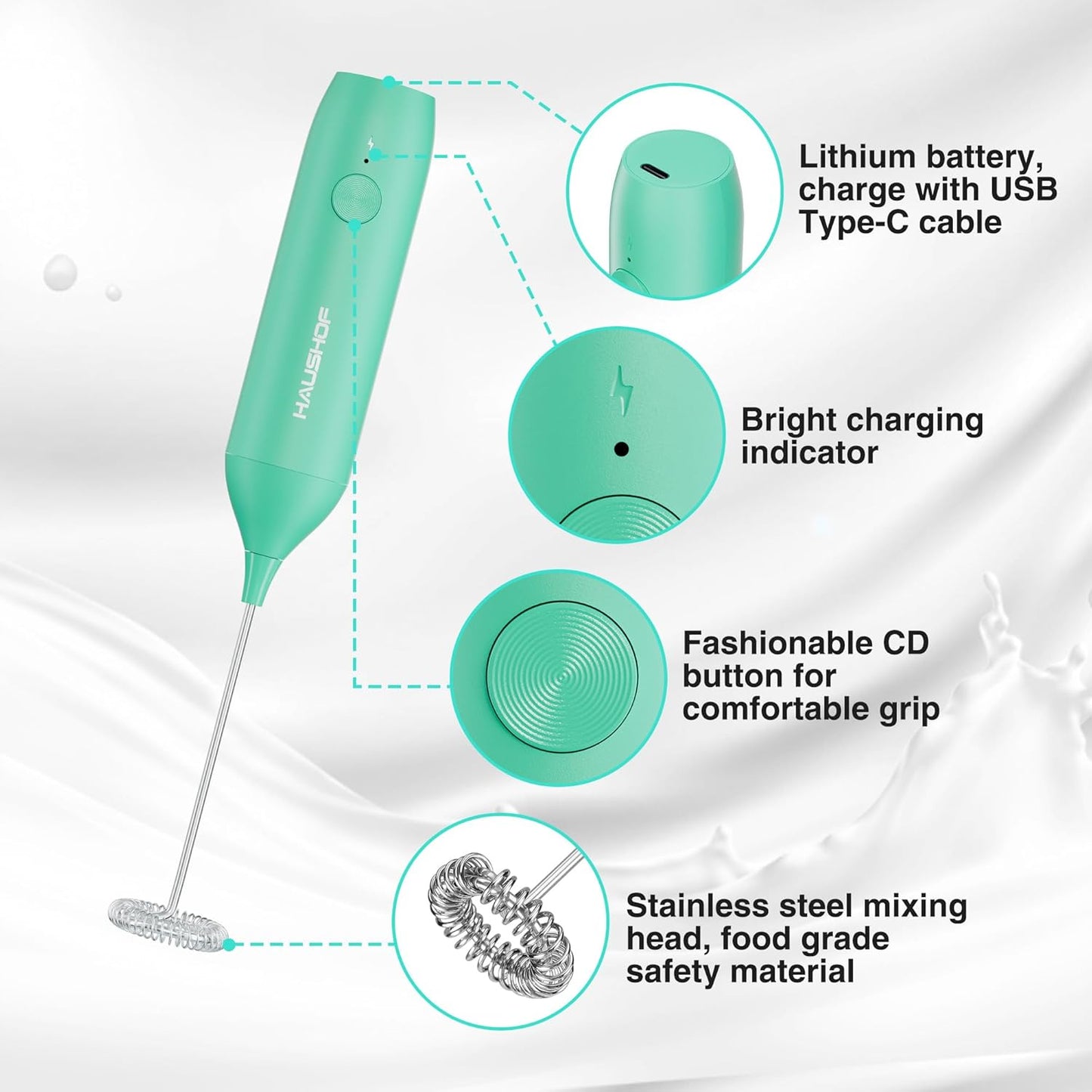 HAUSHOF Powerful Rechargeable Milk Frother Wand with Stand, Handheld Electric Foam Maker, Drink Mixer with Detachable Stainless Steel Whisk for Coffee Latte, Cappuccino, Matcha, Green