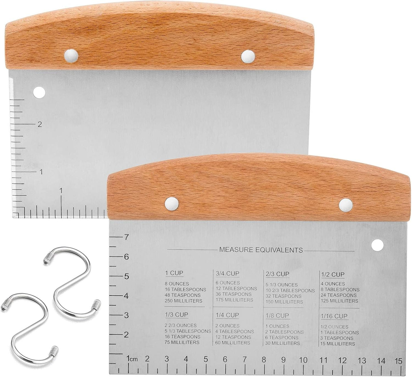 Bench Scraper Set of 2, HaSteeL Metal Dough Scraper Cutter Pastry Chopper with Wooden Handle, Heavy Duty Stainless Steel Griddle Scraper with Measuring Marks for Cooking Baking Grilling