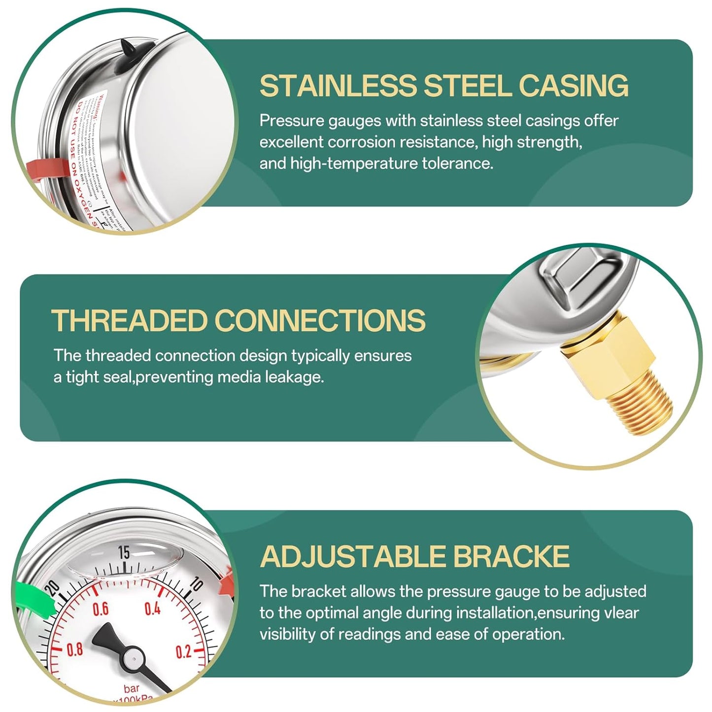 -30inHG~0Psi Stainless Steel Liquid Filled Pressure Gauge, 2.5" Dial Size, 1/8" NPT Lower Mount, for Tube, Water Pump, Gas, Liquid, Pressure Test (with Range Mark Pointer)