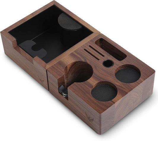 58mm Espresso Tamping Kit Walnut Tamper Station and Knock Box for Coffee Grounds Disposal and Tool Organization