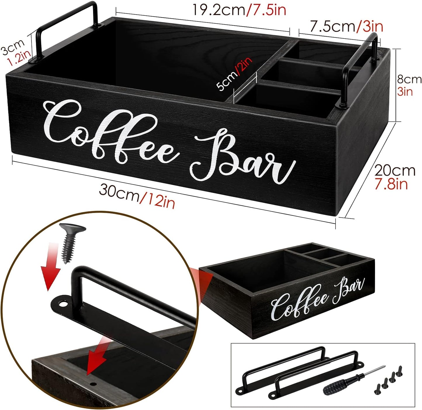 Coffee Station Organizer Wooden Coffee Bar Holder Accessories for Countertop, Farmhouse Kcup Pod Storage Basket with Handle - Black