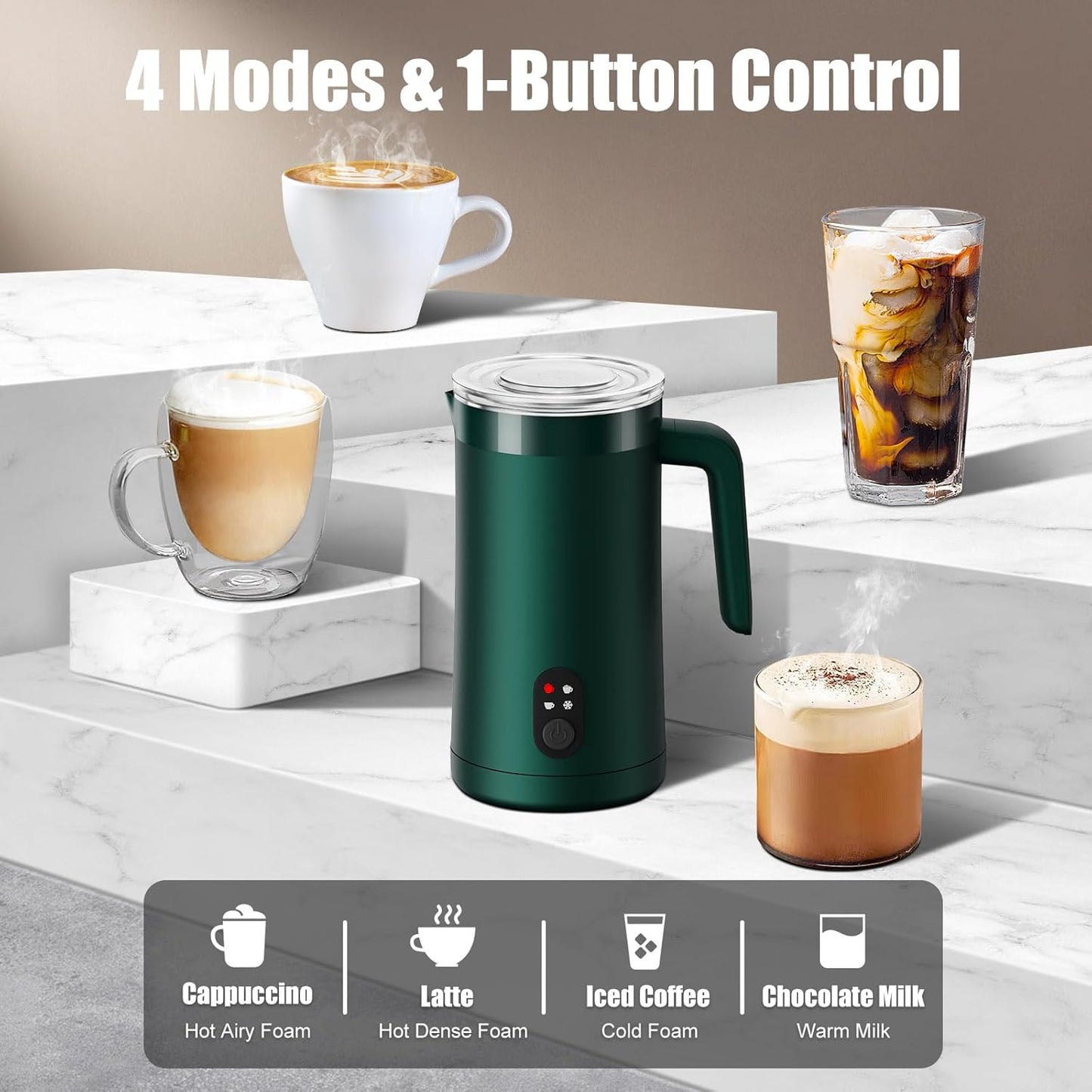 Milk Frother, 4-in-1 Milk Frother and Steamer, 13.5oz/400ml Automatic Hot and Cold Foam Maker and Milk Warmer, Electric Frother for Coffee, Latte, Cappuccino, Macchiato, Matcha(Forest Green)