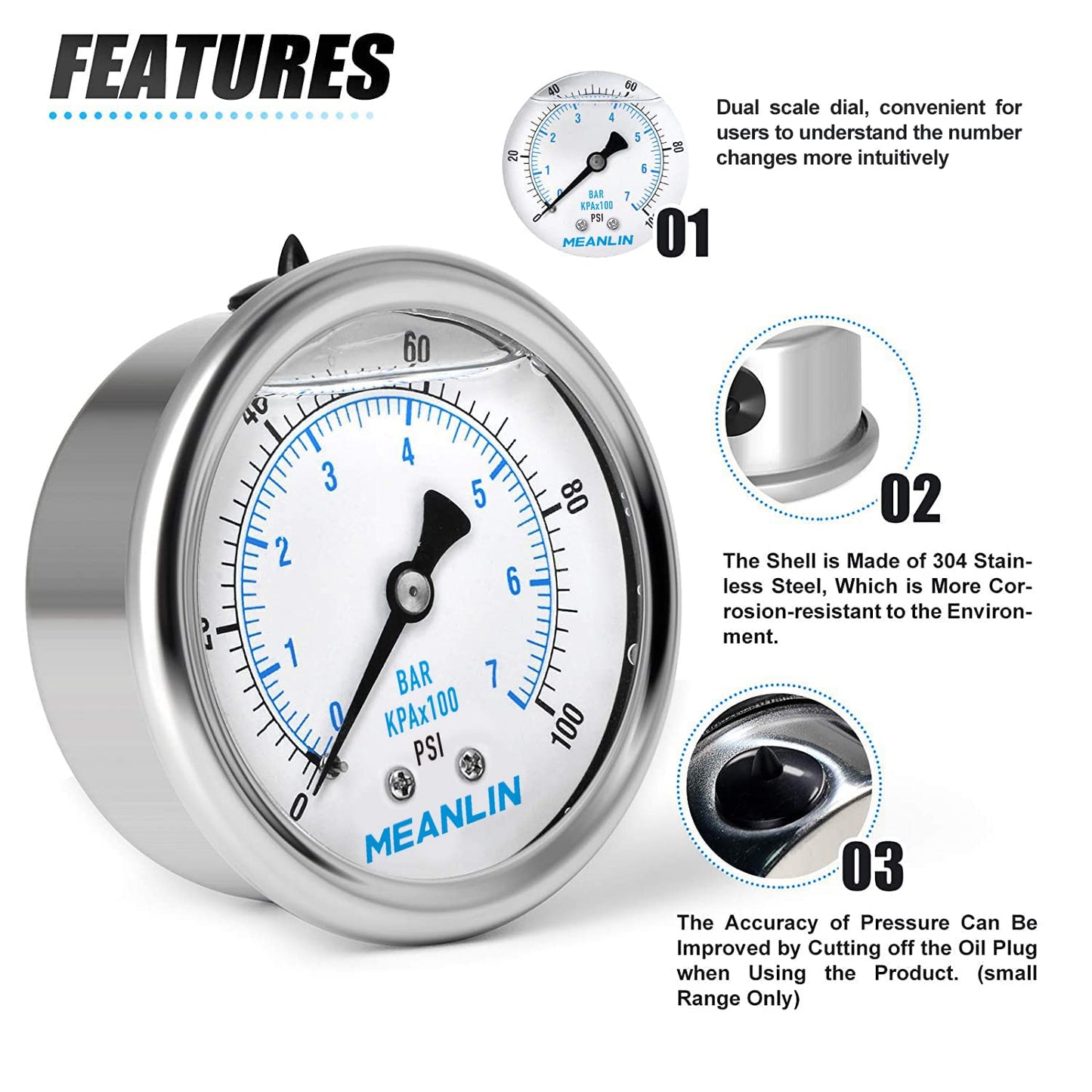 MEANLIN MEASURE 0~100Psi Stainless Steel 1/4" NPT 2.5" FACE DIAL Liquid Filled Pressure Gauge WOG Water Oil Air Back Mount (Pack of 2), with 1/2" NPT and 3/8" NPT Hex Bushing