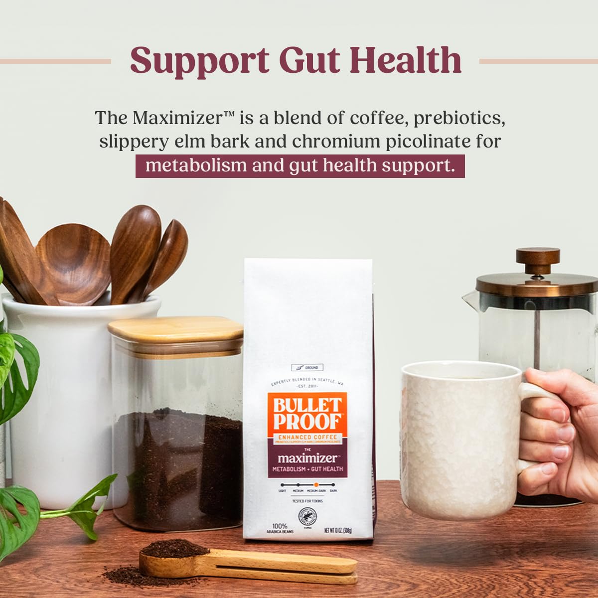 Bulletproof The Maximizer Ground Coffee, 10 Ounces, Clean Coffee with Prebiotics, Metabolism and Gut Health Support, Packaging May Vary