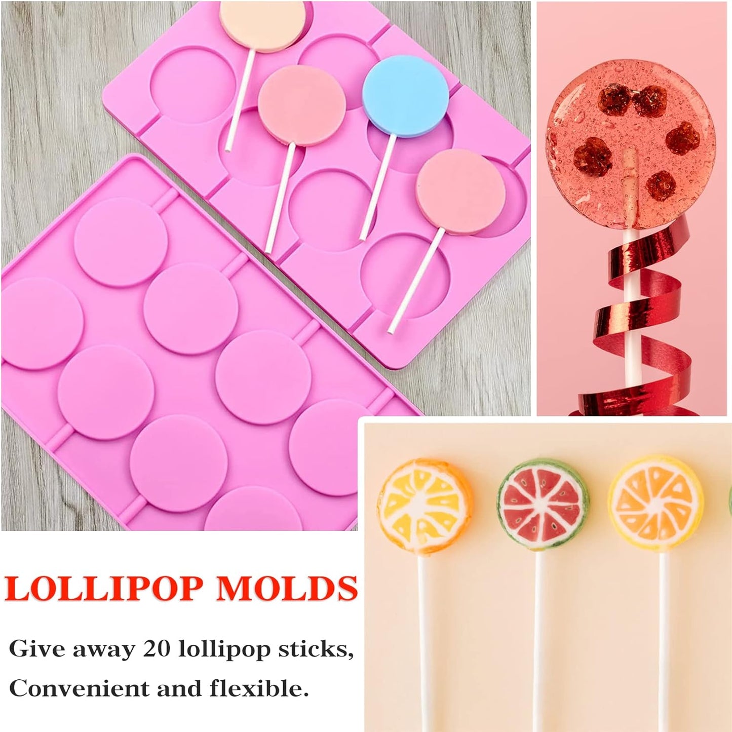 Silicone Lollipop Molds Candy Molds Silicone Sucker Molds Hard Candy Mold & 2x8 Rounds Nonstick Lollipop Mold With 20 Sticks for Candies,Bread,Jellies,Chocolate,Etc