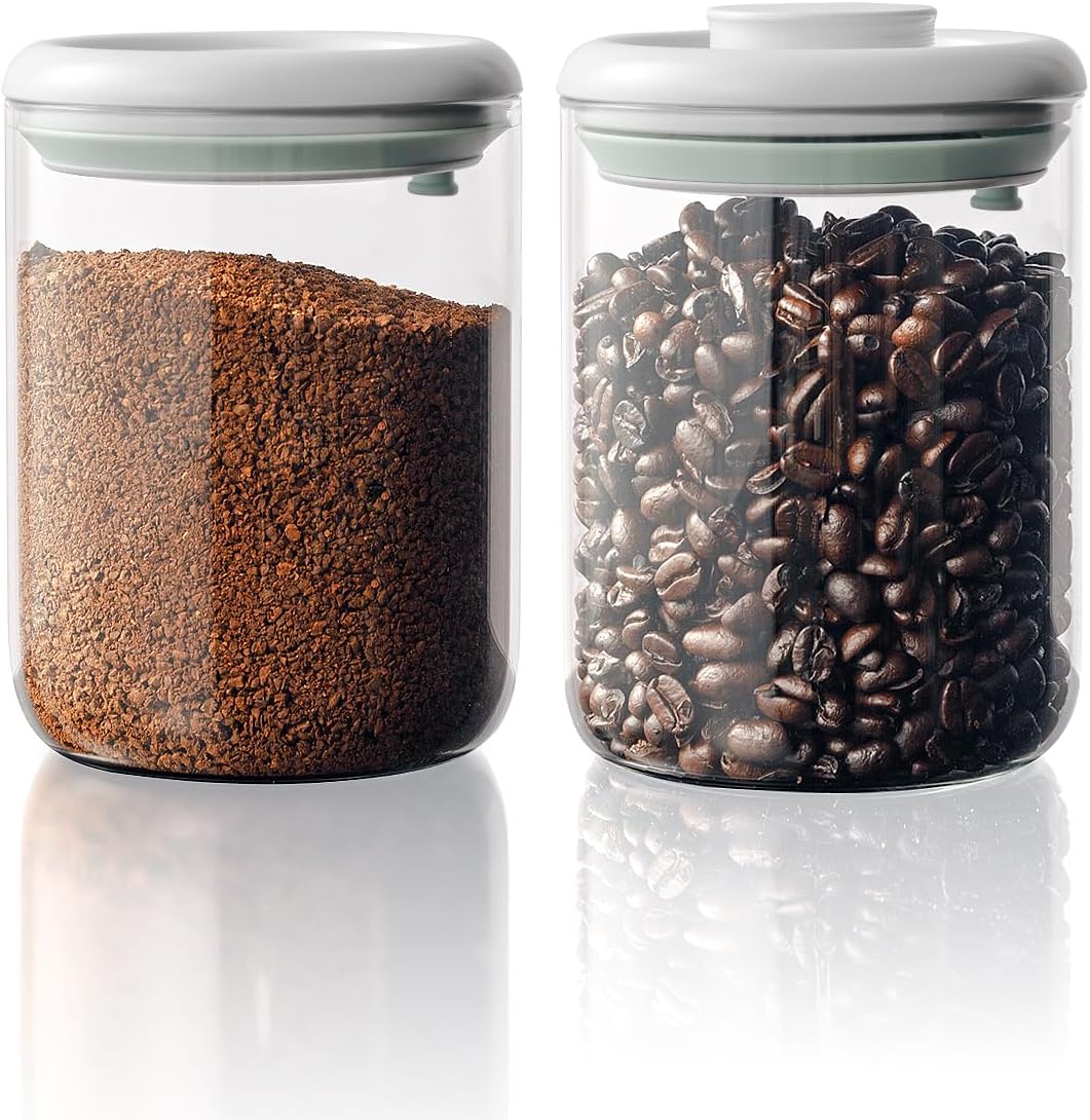 Coffee Bean Container Airtight Coffee Storage Containers Pop Up Coffee Canister High Borosilicate Glass Coffee Jar Air Tight Containers for Coffee 300g 900ml*2 Gray