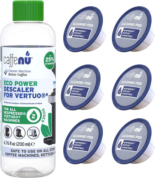Caffenu Descaling Kit Compatible with Nespresso Vertuo, 2 Uses Descaling Solution and 6 Cleaner Pods. Removes Limescale & Cleans Pod Area. Better Tasting & Hotter Coffee. 4 Months Supply.