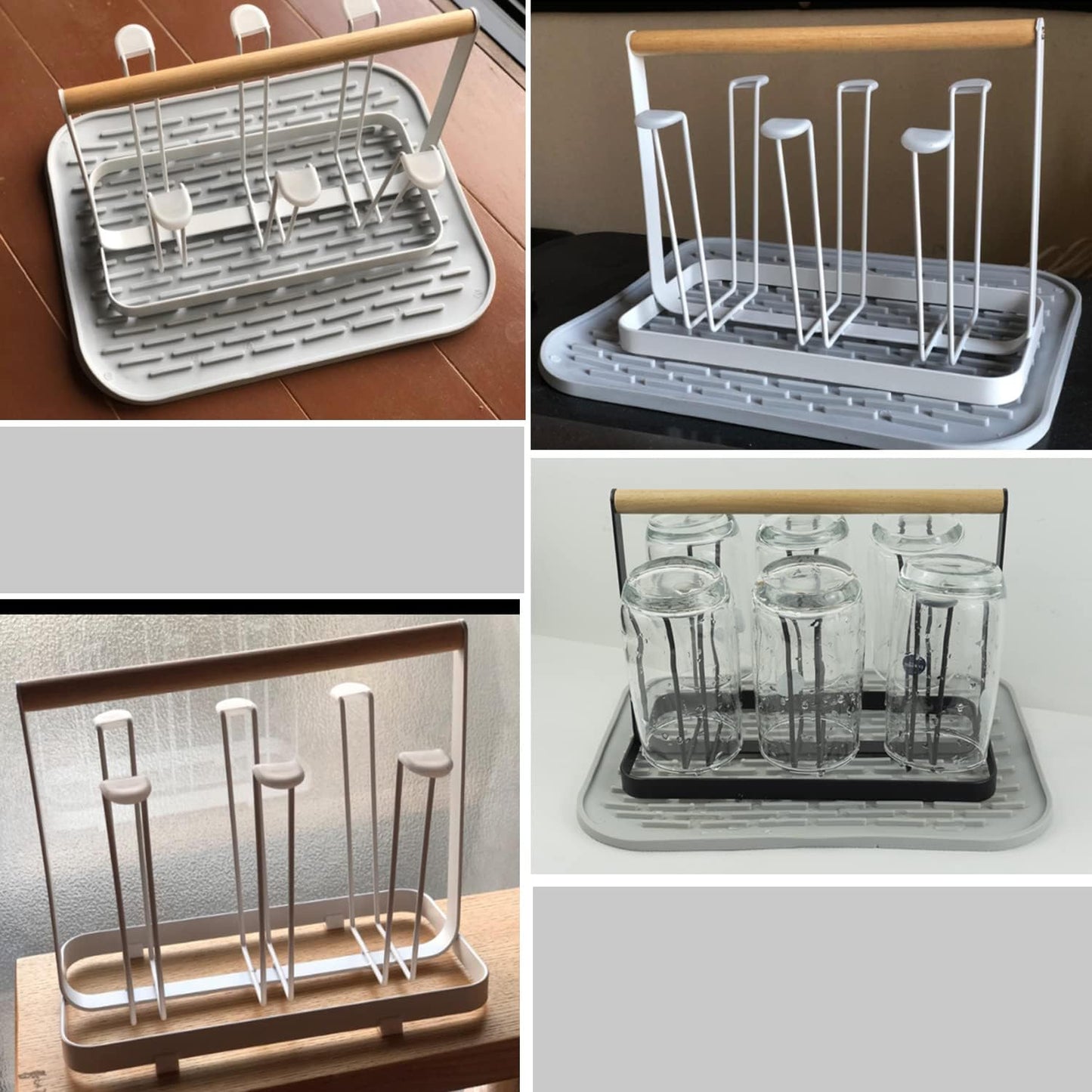 Cup Drying Rack Stand, 6 Cup Metal Drainer Holder Rack Non-Slip Mugs Cups Organizer with Wood Handle, White