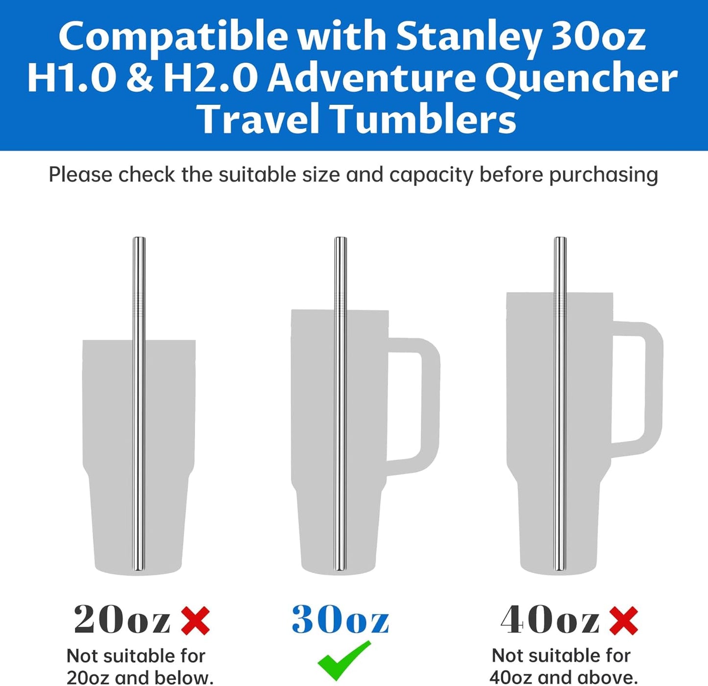 Tomorotec 30oz Straws, 11" Stainless Steel Straw 14PCS for 30oz Stanley Tumbler, 0.35"/9mm Diameter Sleek Metallic Finish- 7 Straight, 7 Bent Straws & 2 Brushes, Dishwasher Safe, 304 Food-Grade