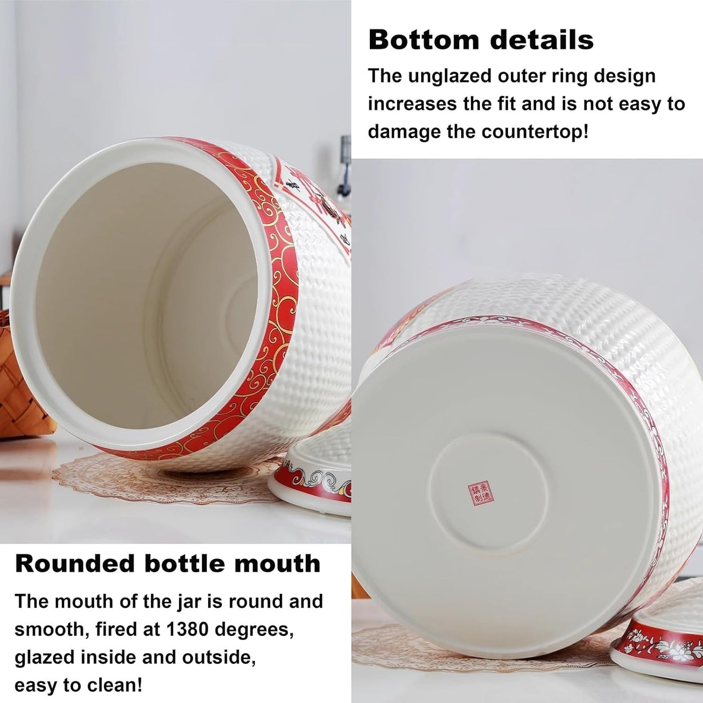 Chinese Sealed Large-Capacity Rice Pot, Ceramic Rice Bucket With Tassel Design, Grain Storage Ceramic Container, Rice Dispenser Airtight Storage Bucket For Grains Snacks Candy Coffee Beans Food(B,Capa