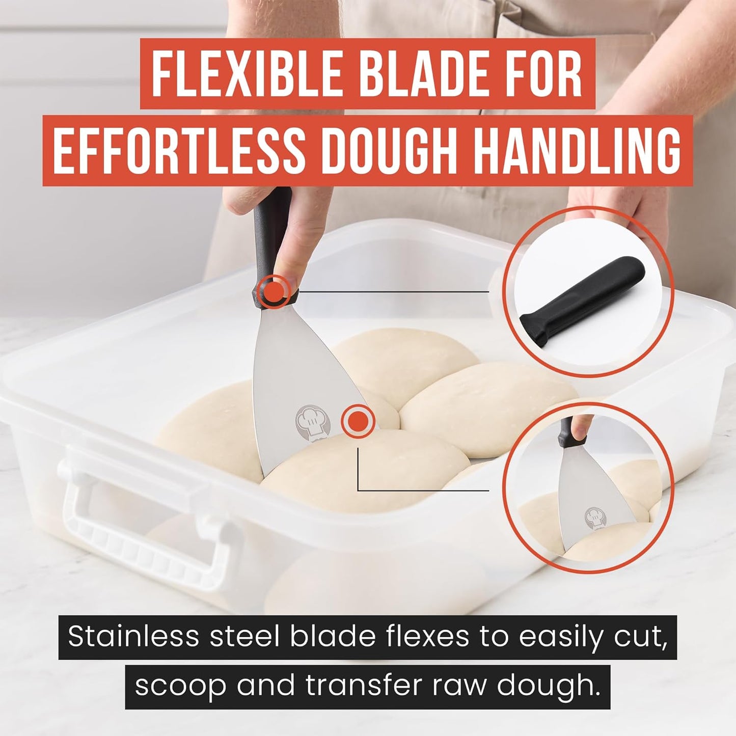 Chef Pomodoro Pizza Dough Scraper Tool 4" (10 cm), Bench Scraper with Handle, Stainless Steel Bench Knife and Metal Chopper for Kitchen, Bread Spatula, Pastry Tool for Food and Baking