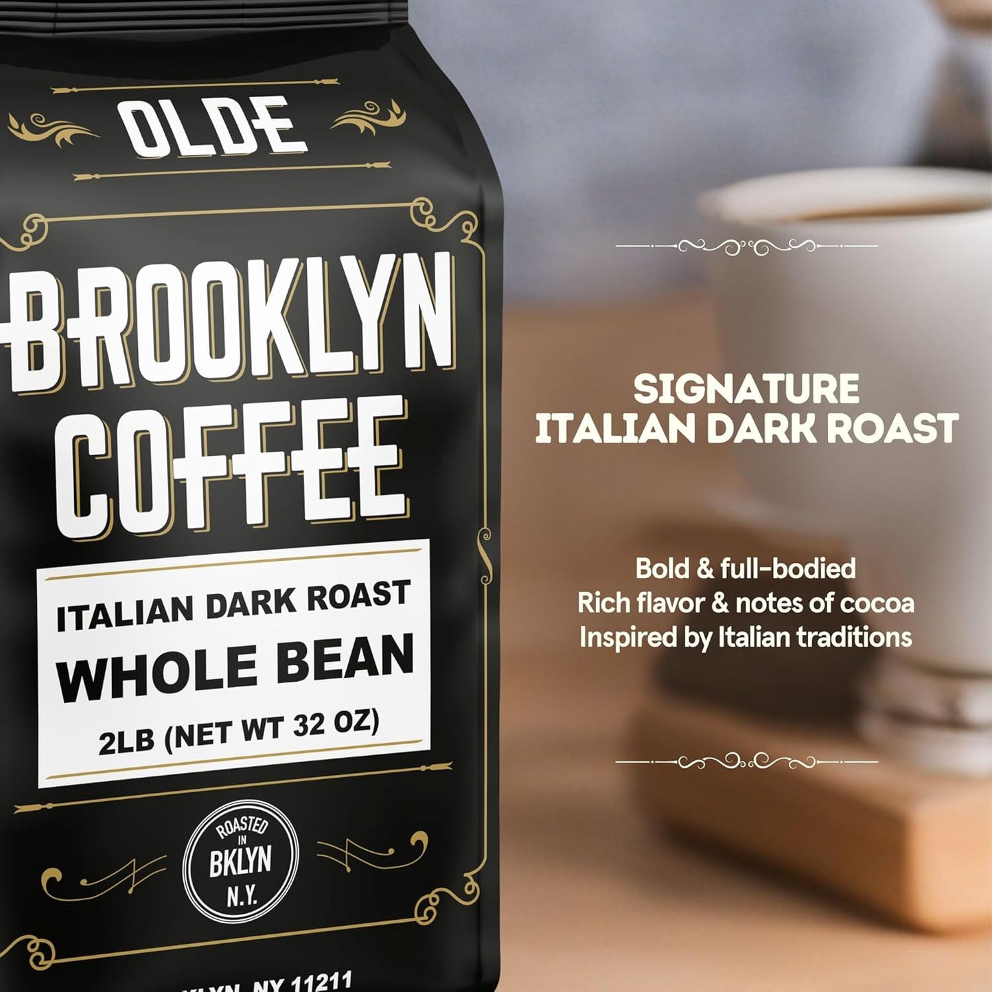 BROOKLYN COFFEE Whole Bean, Italian Dark Roast (2lb) Extra Strong, Delicious Taste, Heavenly Aroma - Fresh Bulk Coffee Beans Roasted Weekly in NYC