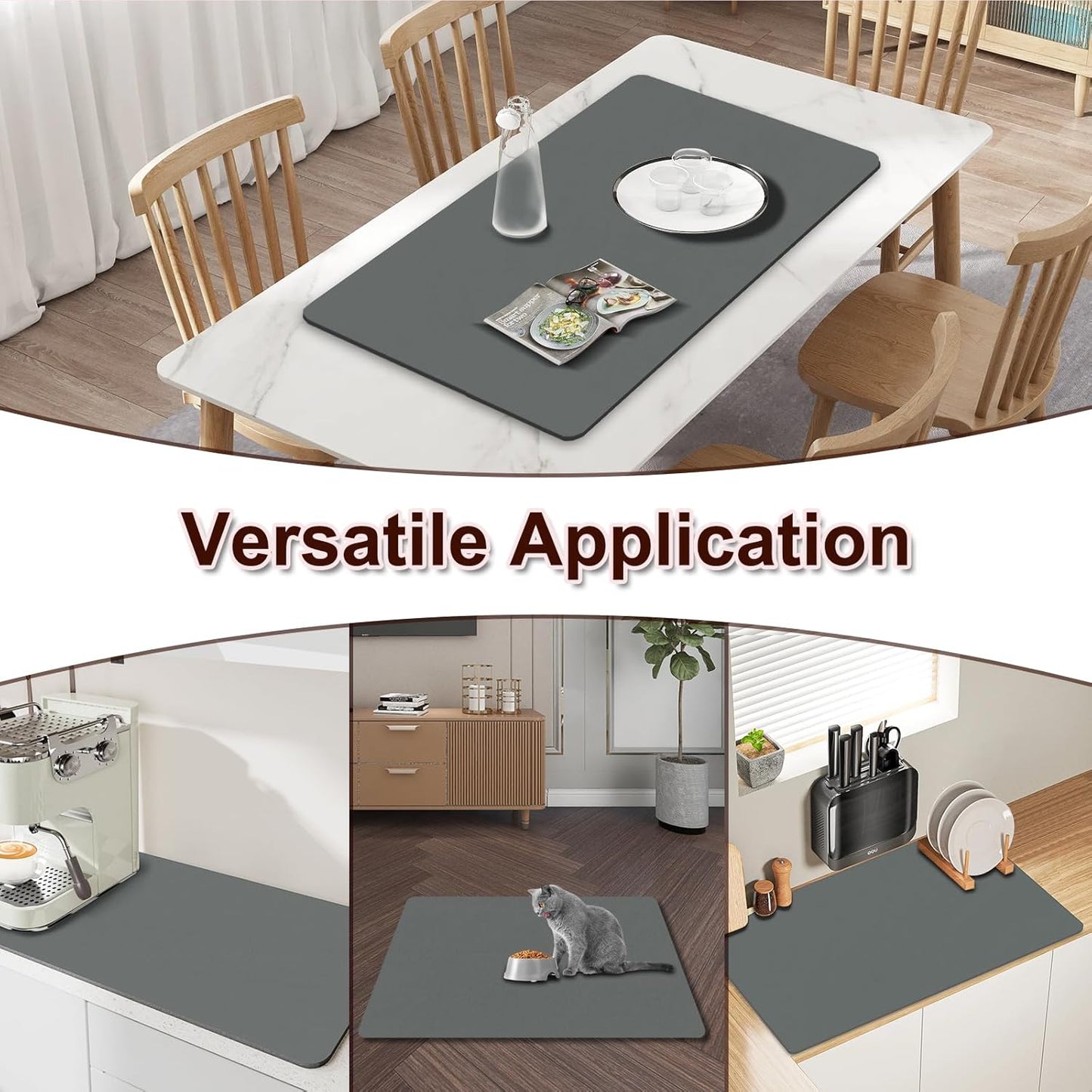 BLESWIN Dish Drying Mat for Kitchen, 15.7'' x 23.6'' Coffee Bar Mat for Countertops, Coffee Station Matt with Non-slip Rubber Backed, Absorbent Dish Dying Mat for Kitchen Counter, Gray