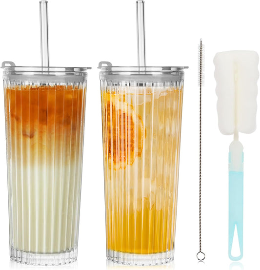 18oz Ribbed Glass Tumbler with Lid and Straw Set of 2: Leak-Proof Drinking Glasses to Go, Reusable Iced Coffee Cups for Cold Drinks, Juice, Smoothie, Glass Cups with Stylish Ribbed Design