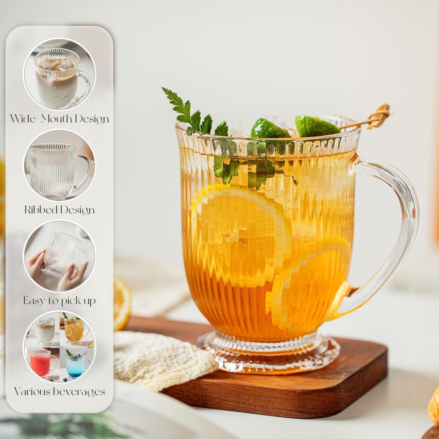 Clear Ribbed Glass Coffee Mugs Set of 4 with Spoon,16 Oz Large Glass Tea Cups with Handle Diner Latte Cups with Footed Base for Hot Beverages,Cappuccino & Espresso Cups, Stylish Drinkware